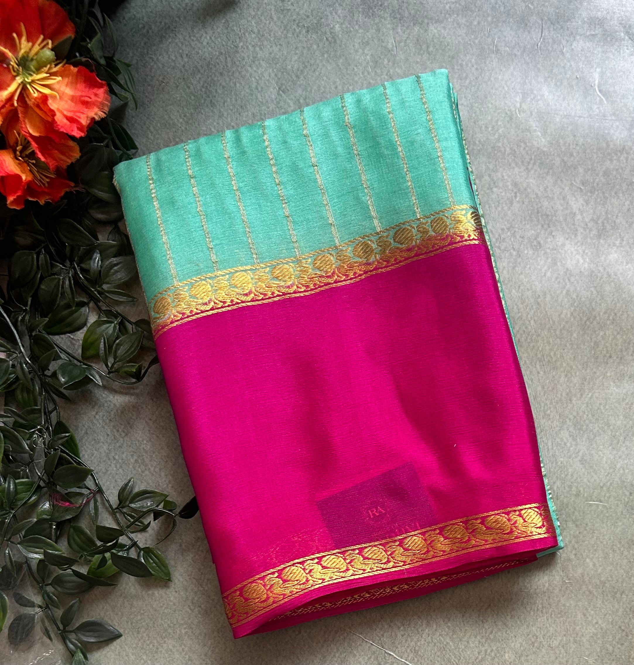 Distemper blue n Rani pink pure wrinkle 103 crepe silk saree