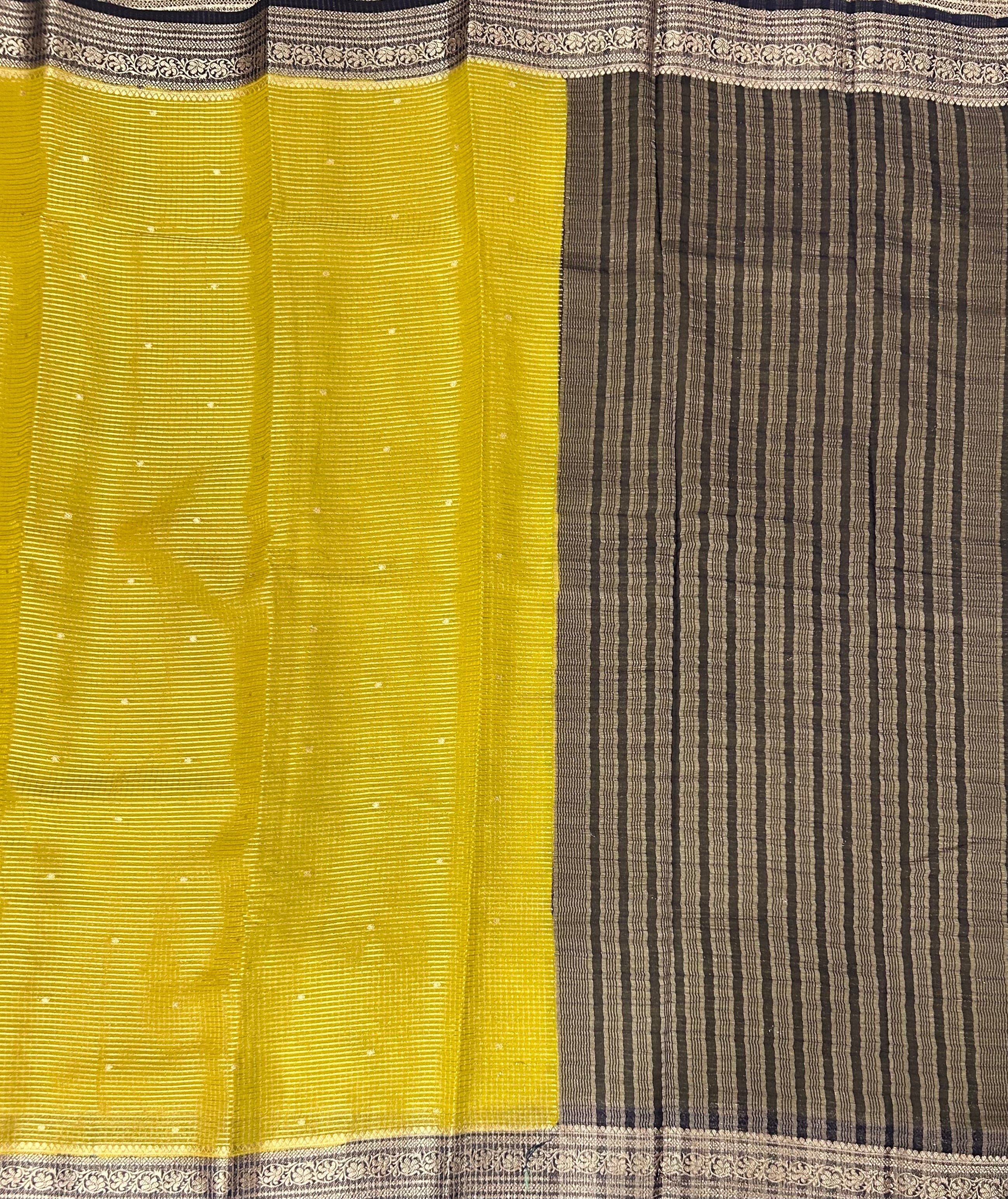Neon yellow small checks semi mysore crepe-12 saree