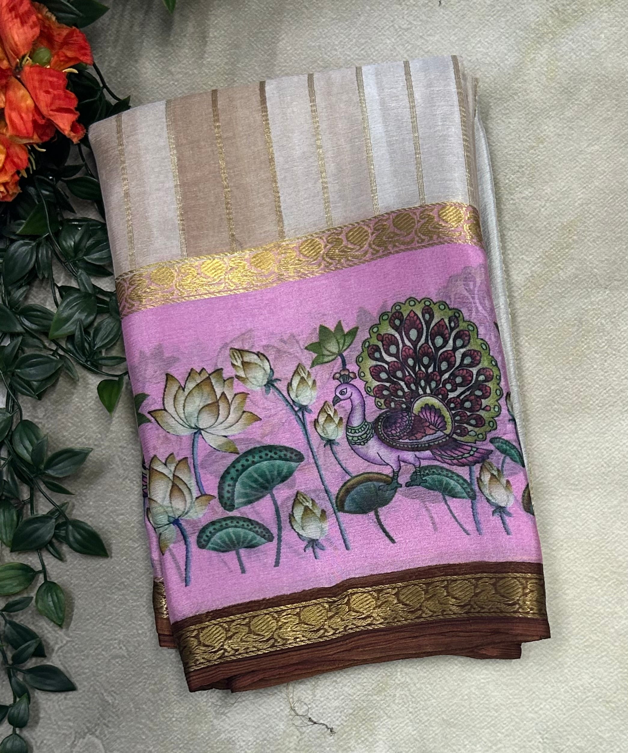 Rankart kalamkari border pure wrinkle 103 crepe silk saree