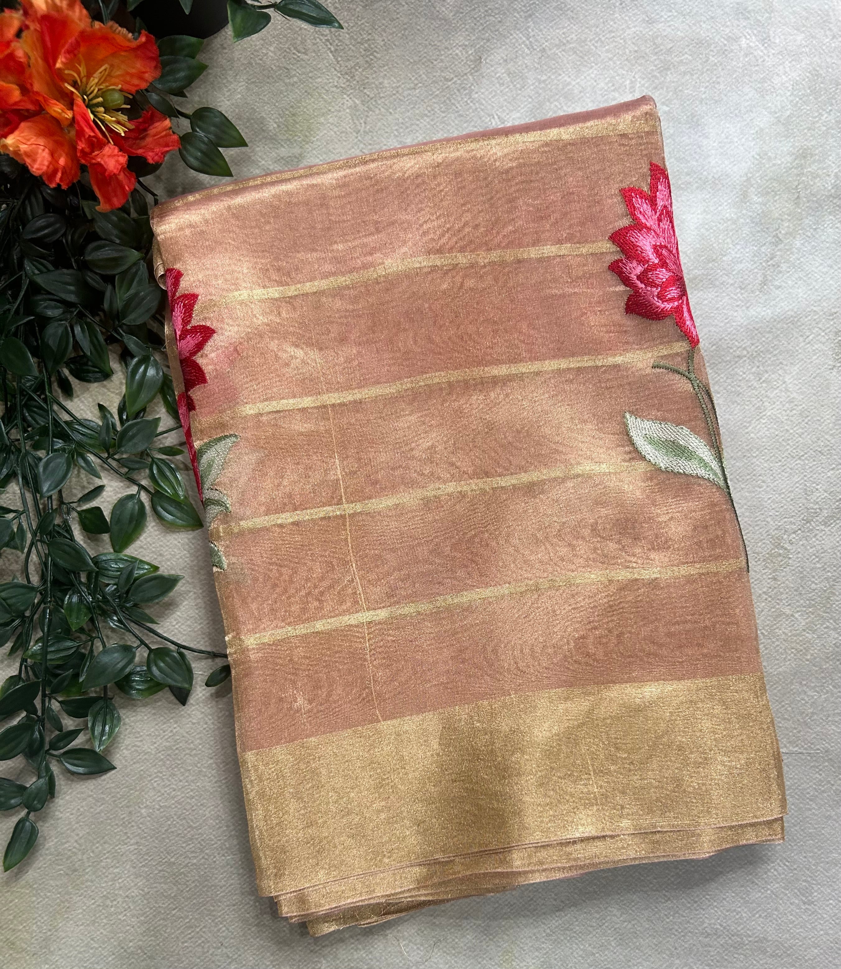 Light pink floral embroidery work pure tissue organza 105 saree