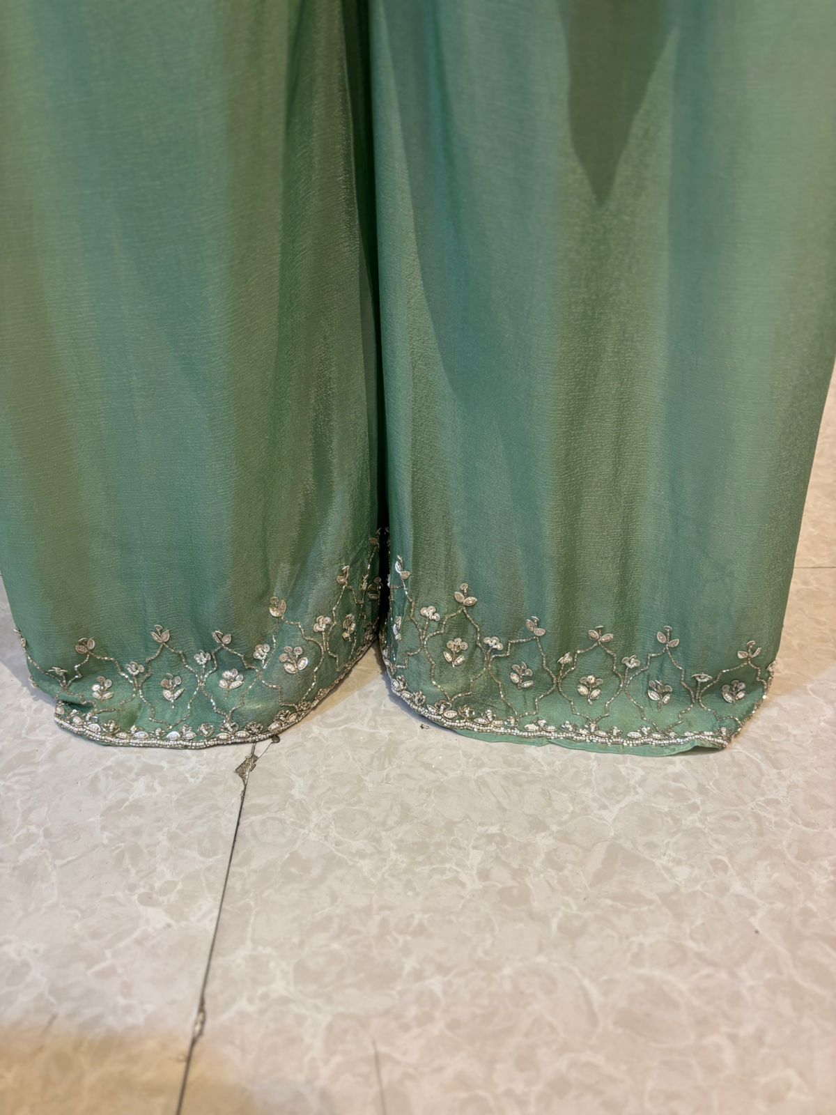 "PARI"  Sea Green Designer Kurtha 43 Set with Handwork Top, Palazoo and Jacket Indo-western cape