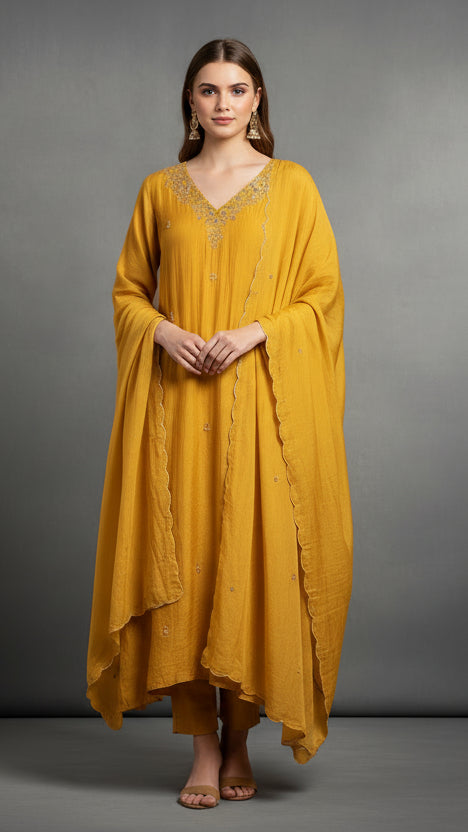 Yellow Mul Chanderi Anarkali Handwork Kurtha 127