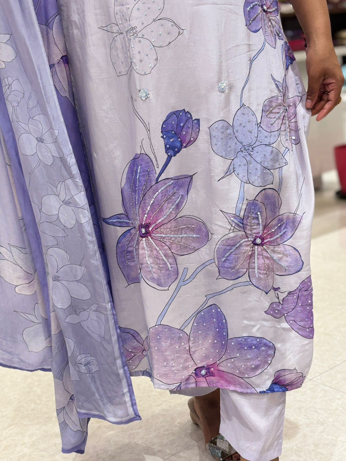 Purple Digital Print Handwork Crepe Kurtha 693