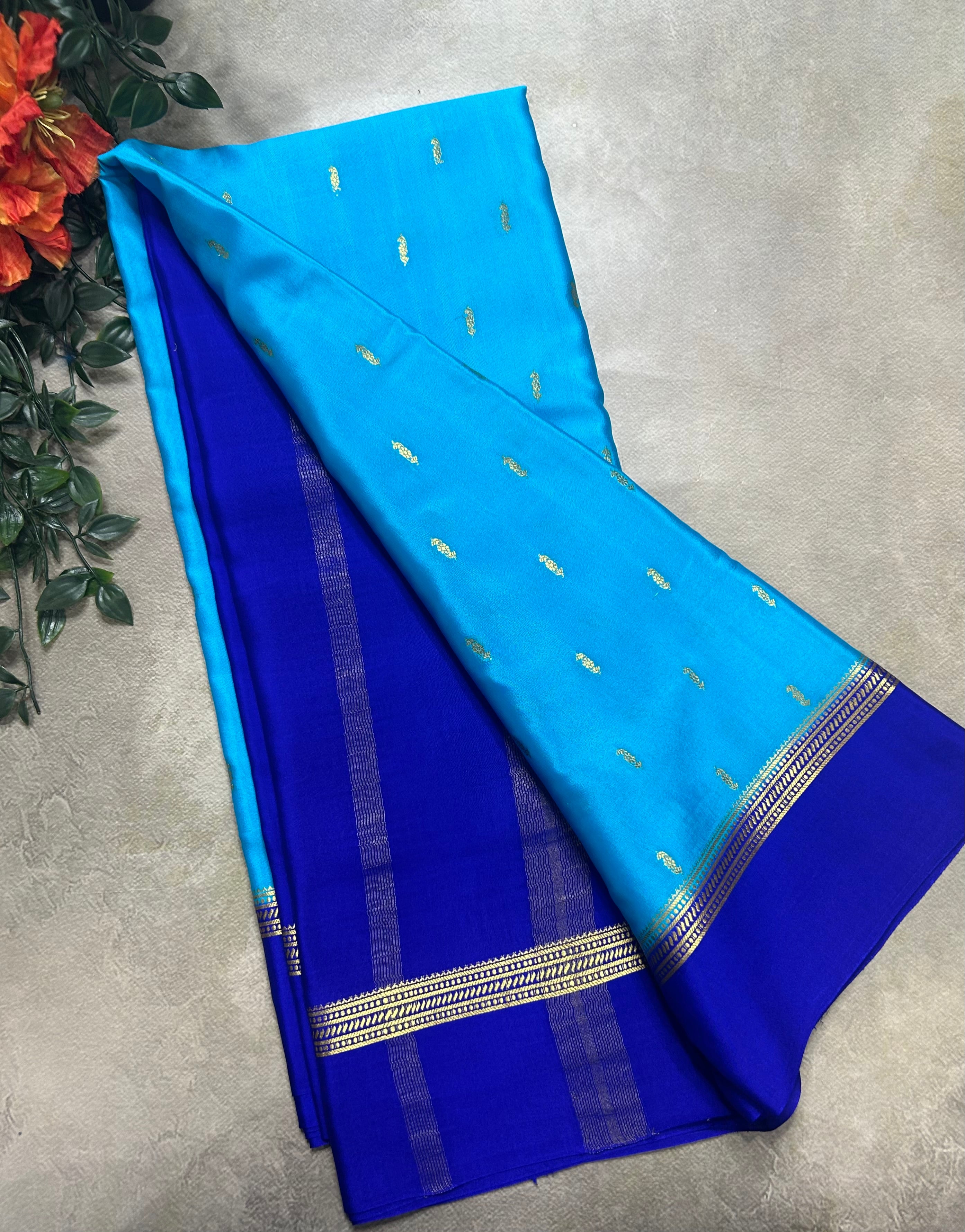 Light blue contrast border pure Mysore silk 105 saree