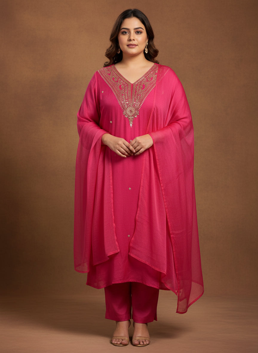 Pink Dola silk knot work  hand embroidery kurtha Suit set plus size