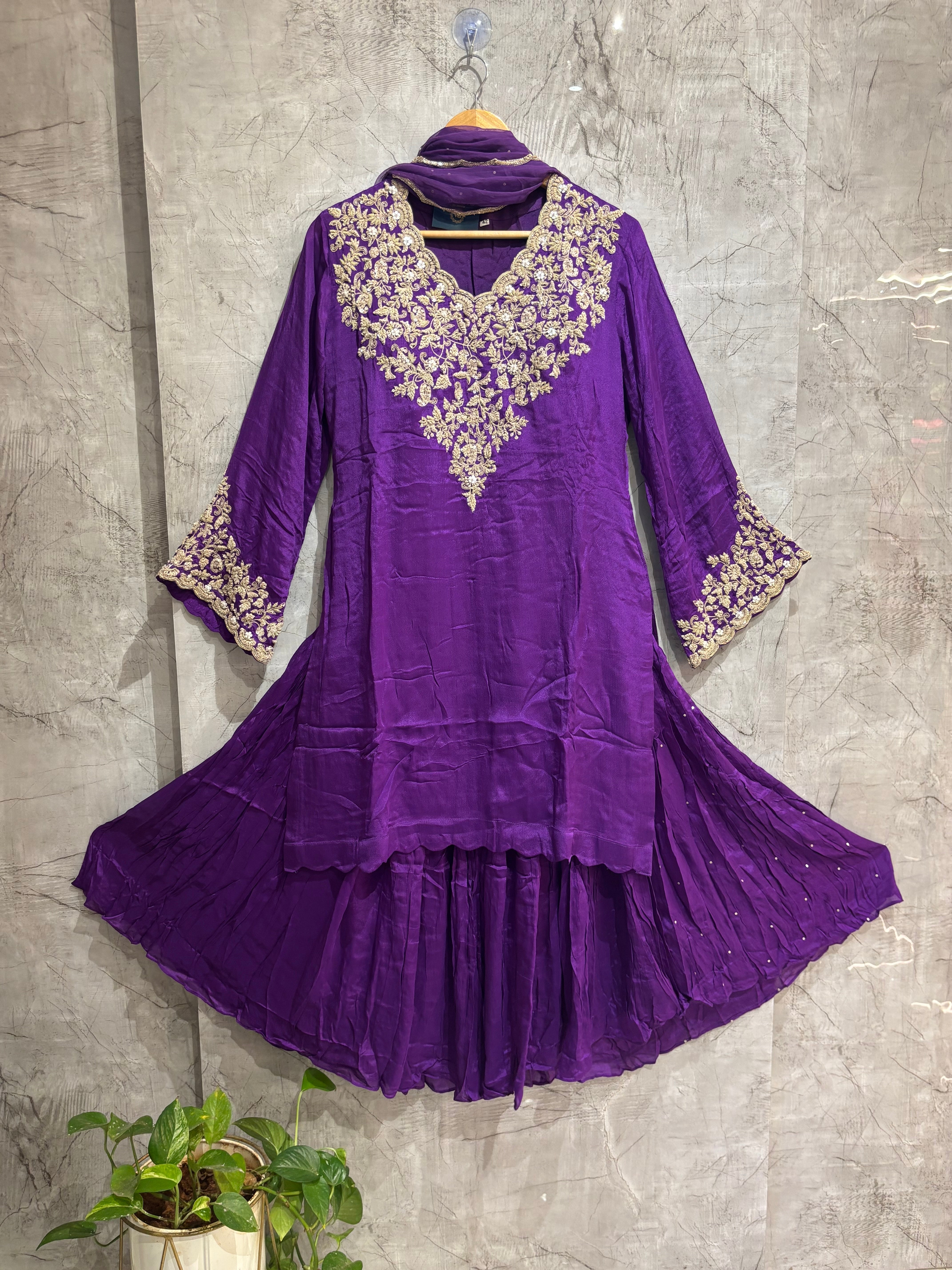 Purple Desinger Sharara party Kurtha set