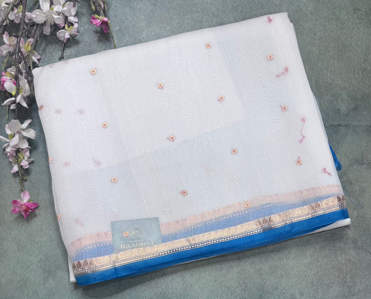 White n blue pure Kora Organza Saree 111