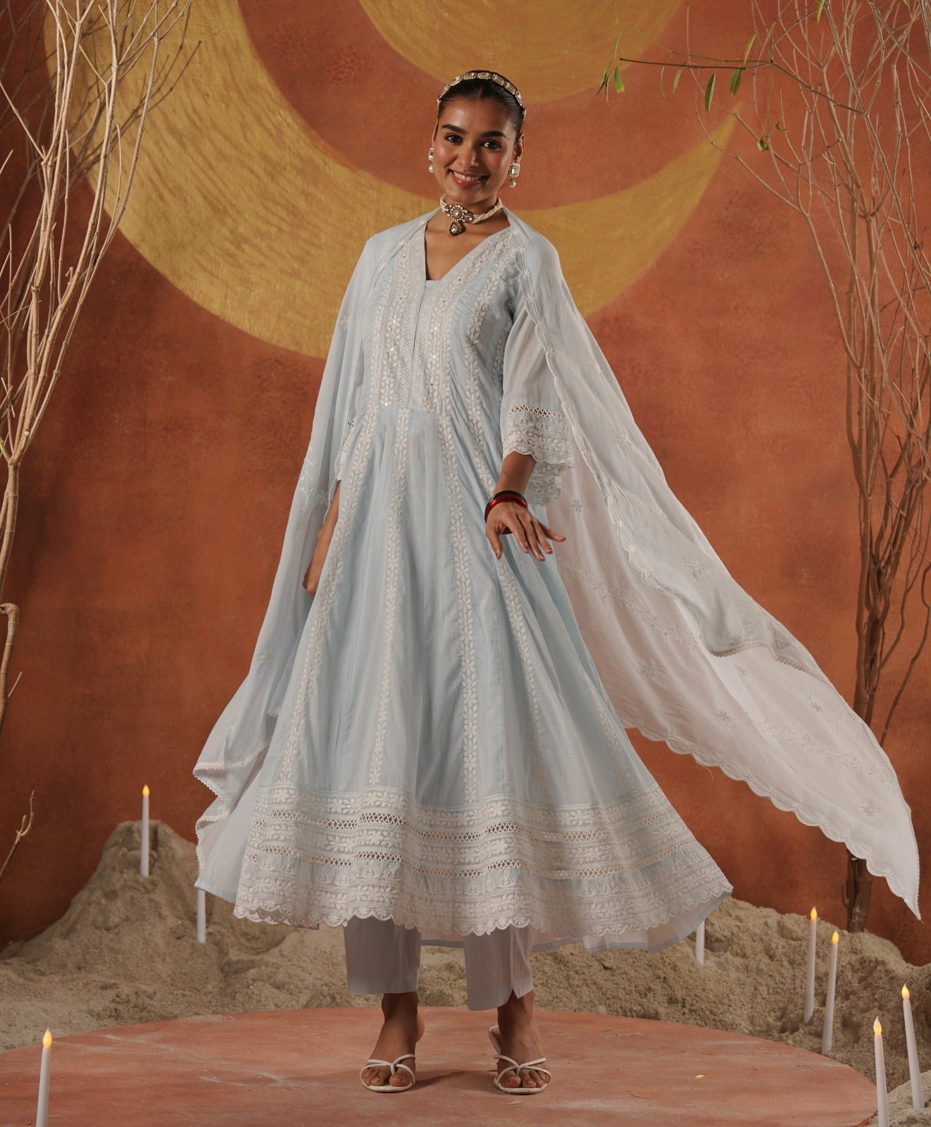 Sky Blue Cotton Hakkoba Work Anarkali Kurtha 459