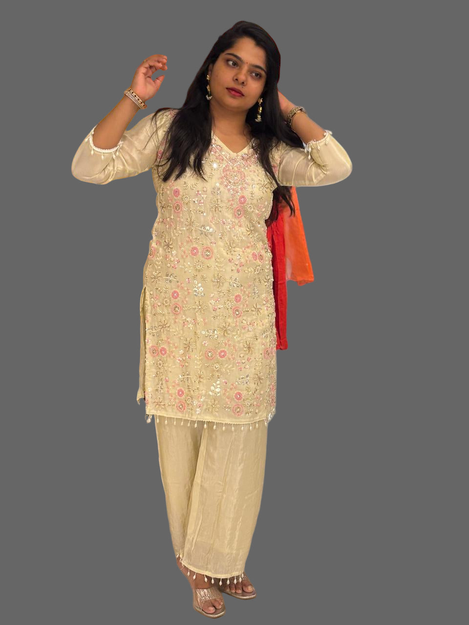 Cream Shimmer Hand Embroidery Cord Set kurtha 547