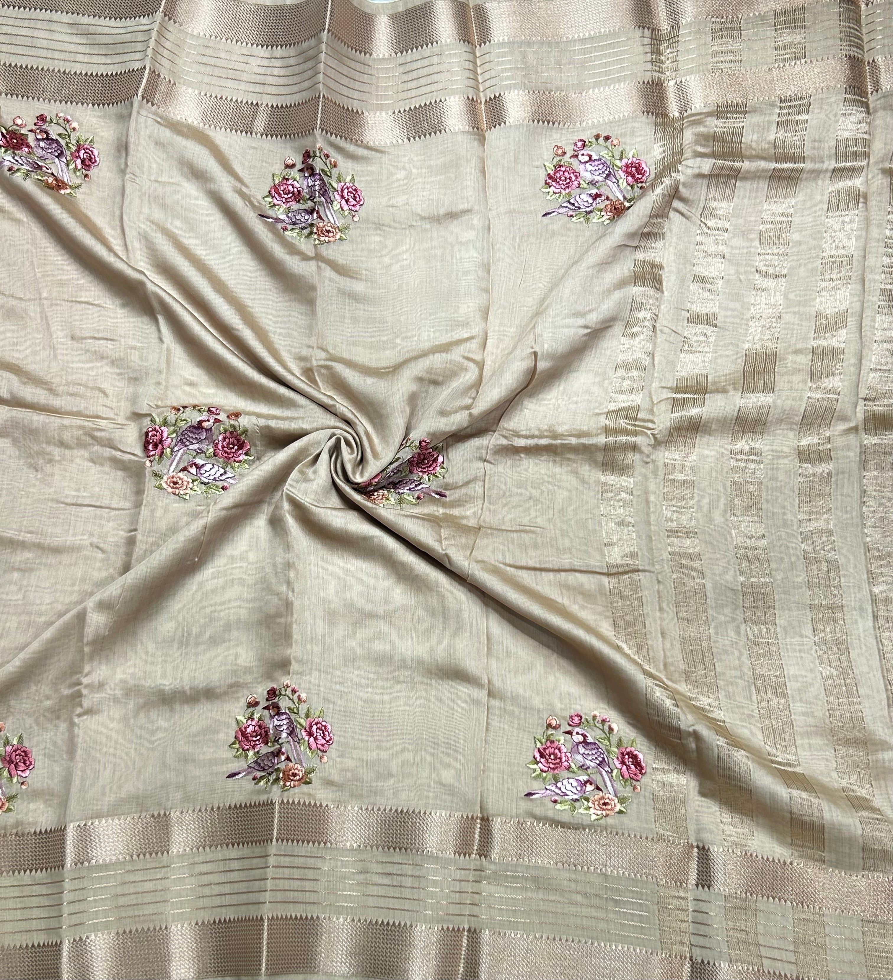 Cream embrodiery bentex stripes soft tussar crepe 104 saree