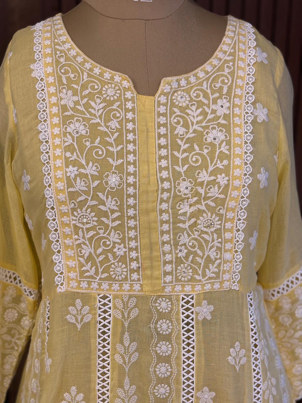 Lemon Yellow designer Hakkoba chicken curry work Anarkali Kurtha 459