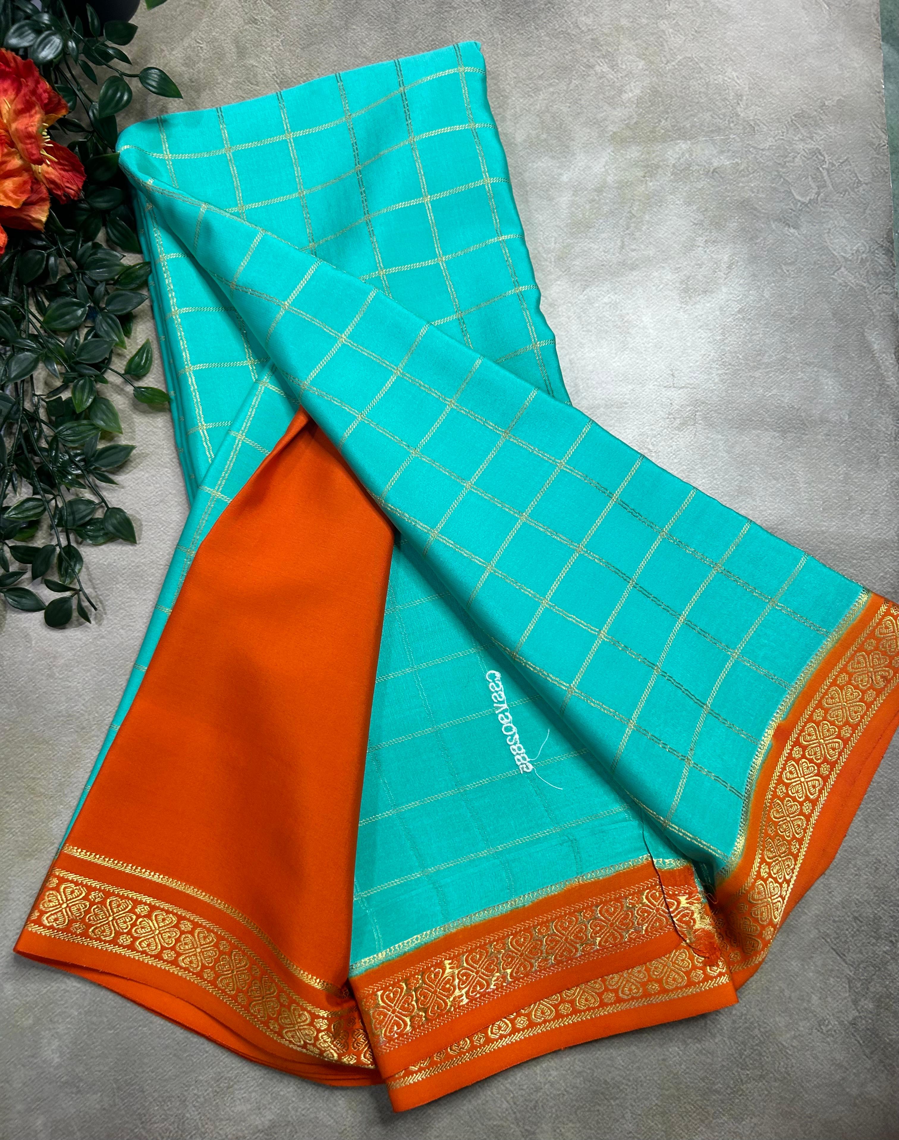 Distemper blue checks pure css zari Mysore silk 105 saree