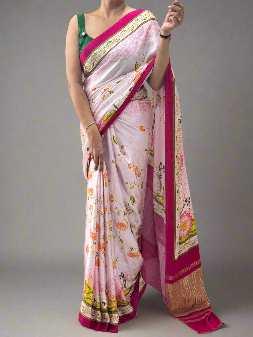 Pink pichwai satin crepe saree
