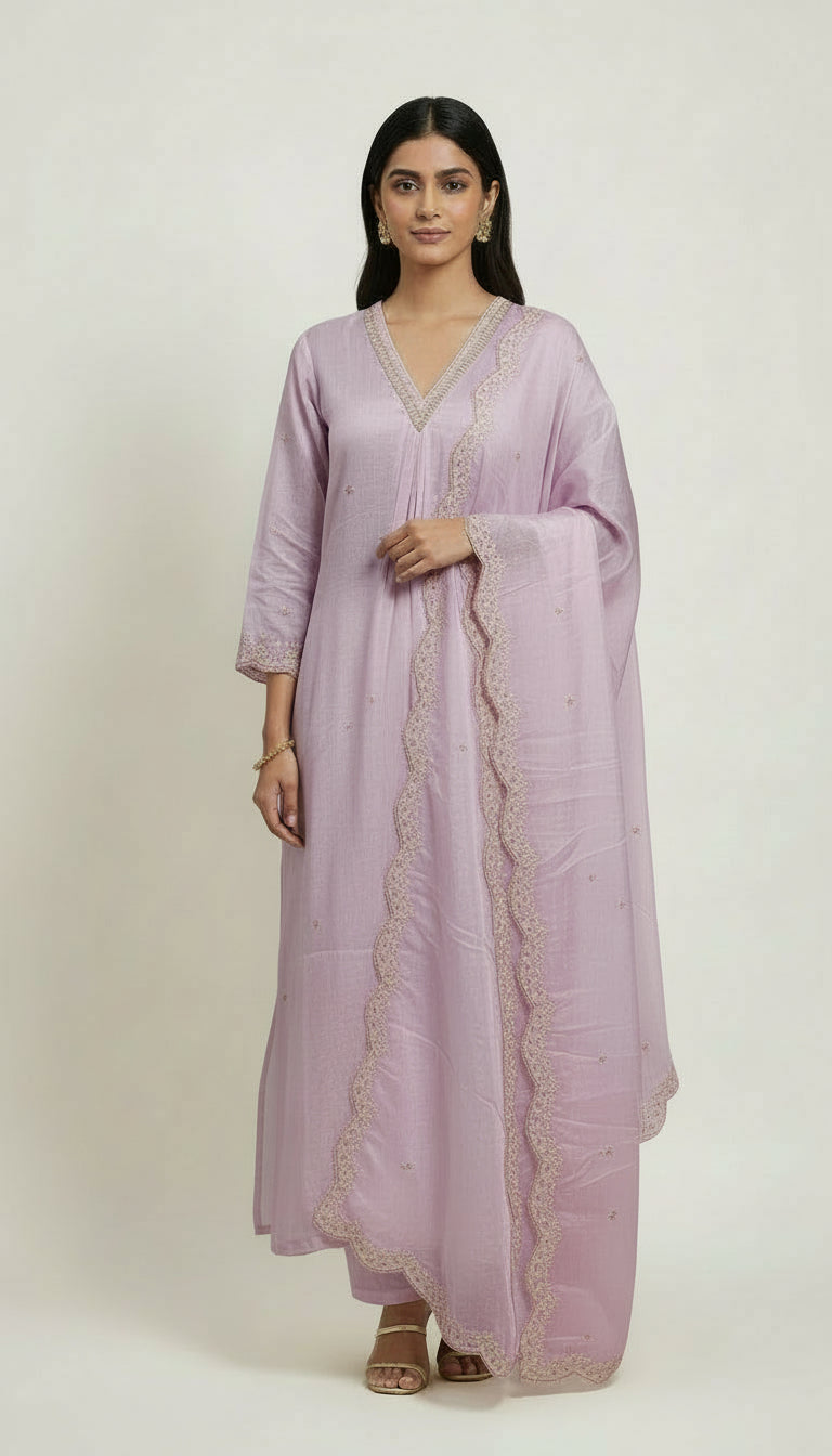 "Piya" Lilac Chinnon Handwork Airline Kurtha 345