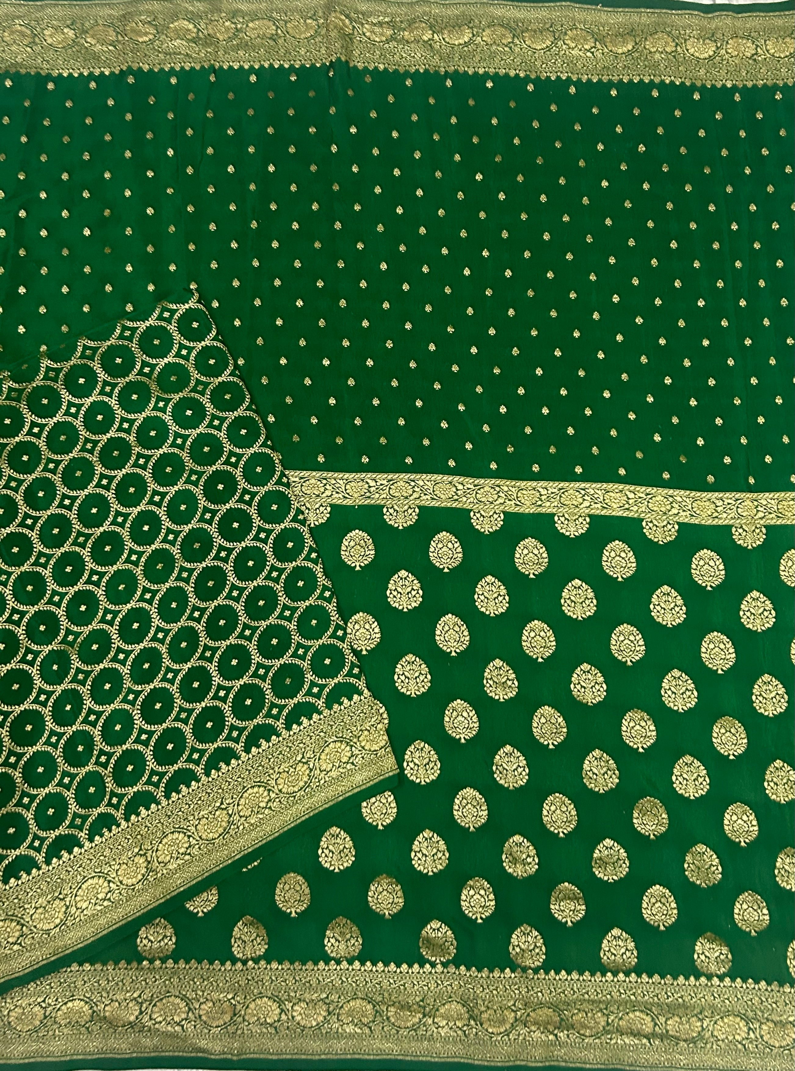 Bottle green small n big butta pure benarasi crepe 103 saree
