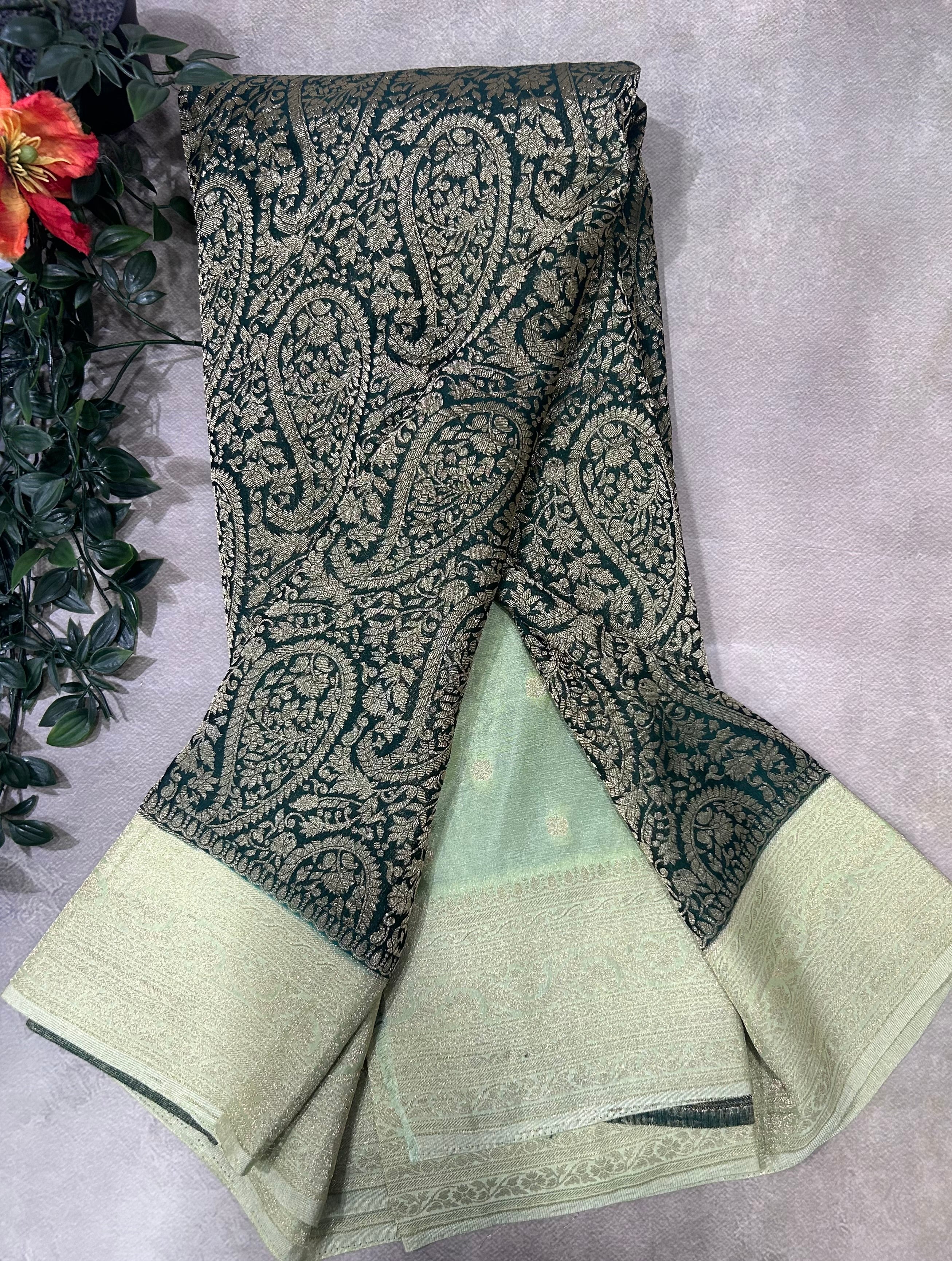 Bottle green brocade semi georgette 105 saree