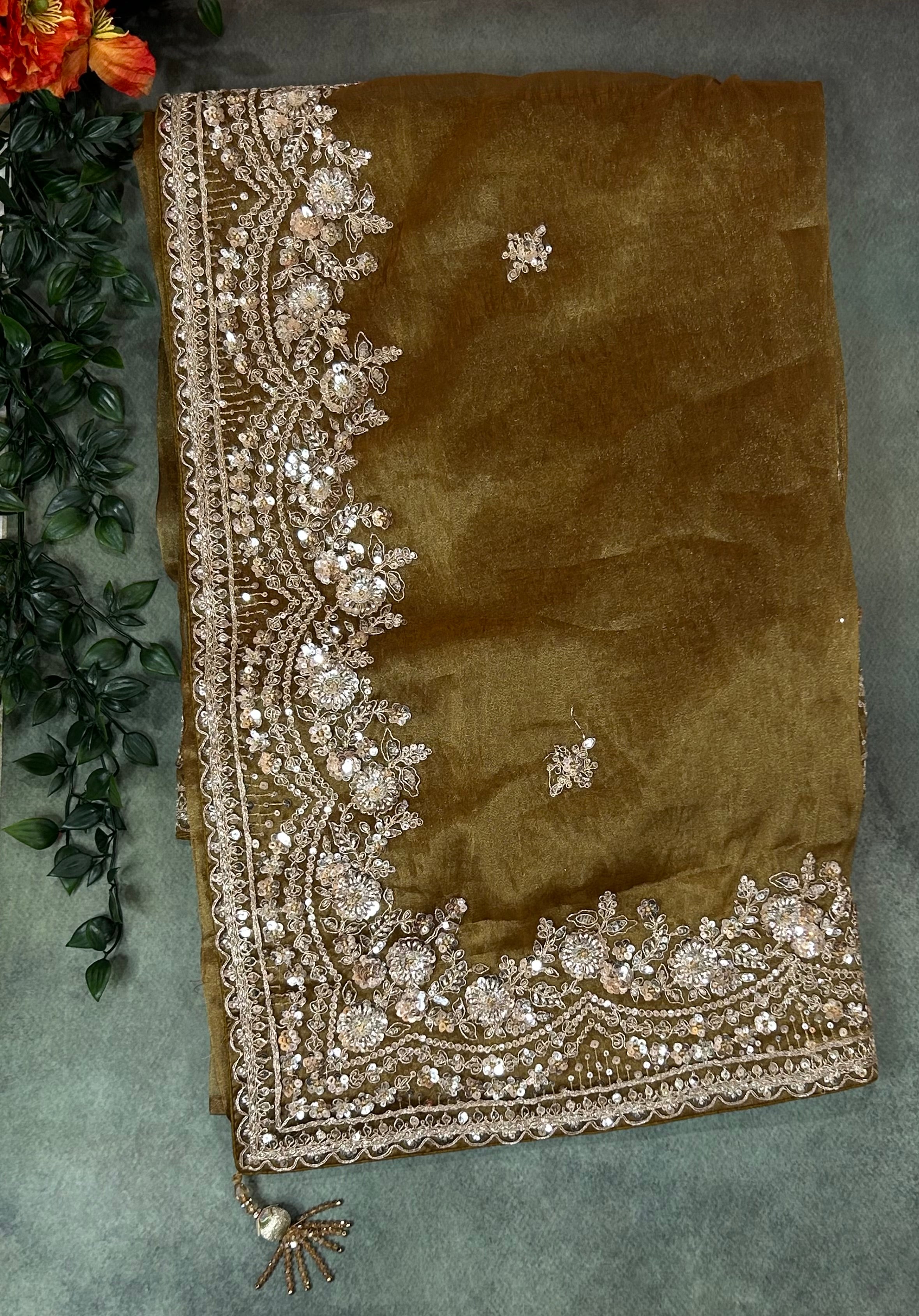 Pastel brown small Butta party wear with stitched blouse-10 saree