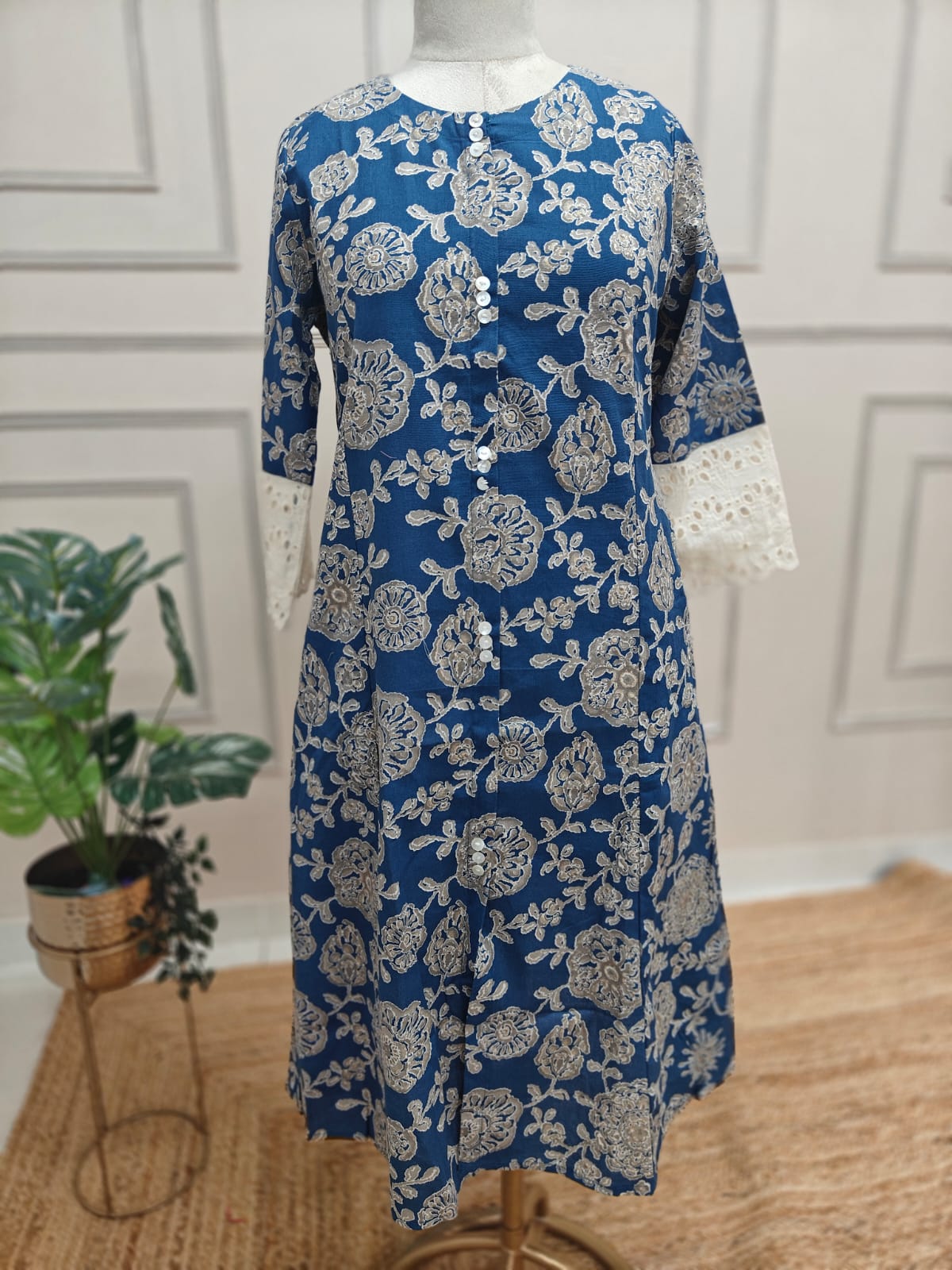 Blue Lenin Cotton Thread Embroidery Airline 1 pc Kurtha 372