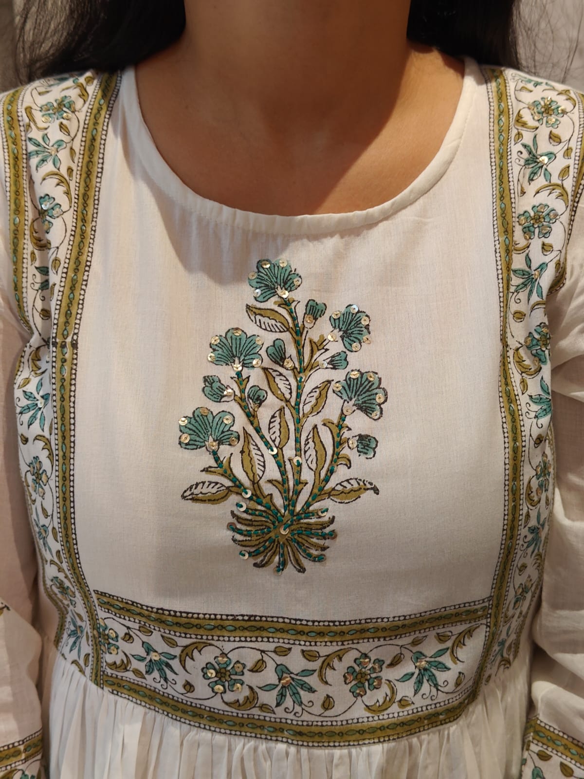 White n Green Mul Cotton Block Print Anarkali Kurtha 98