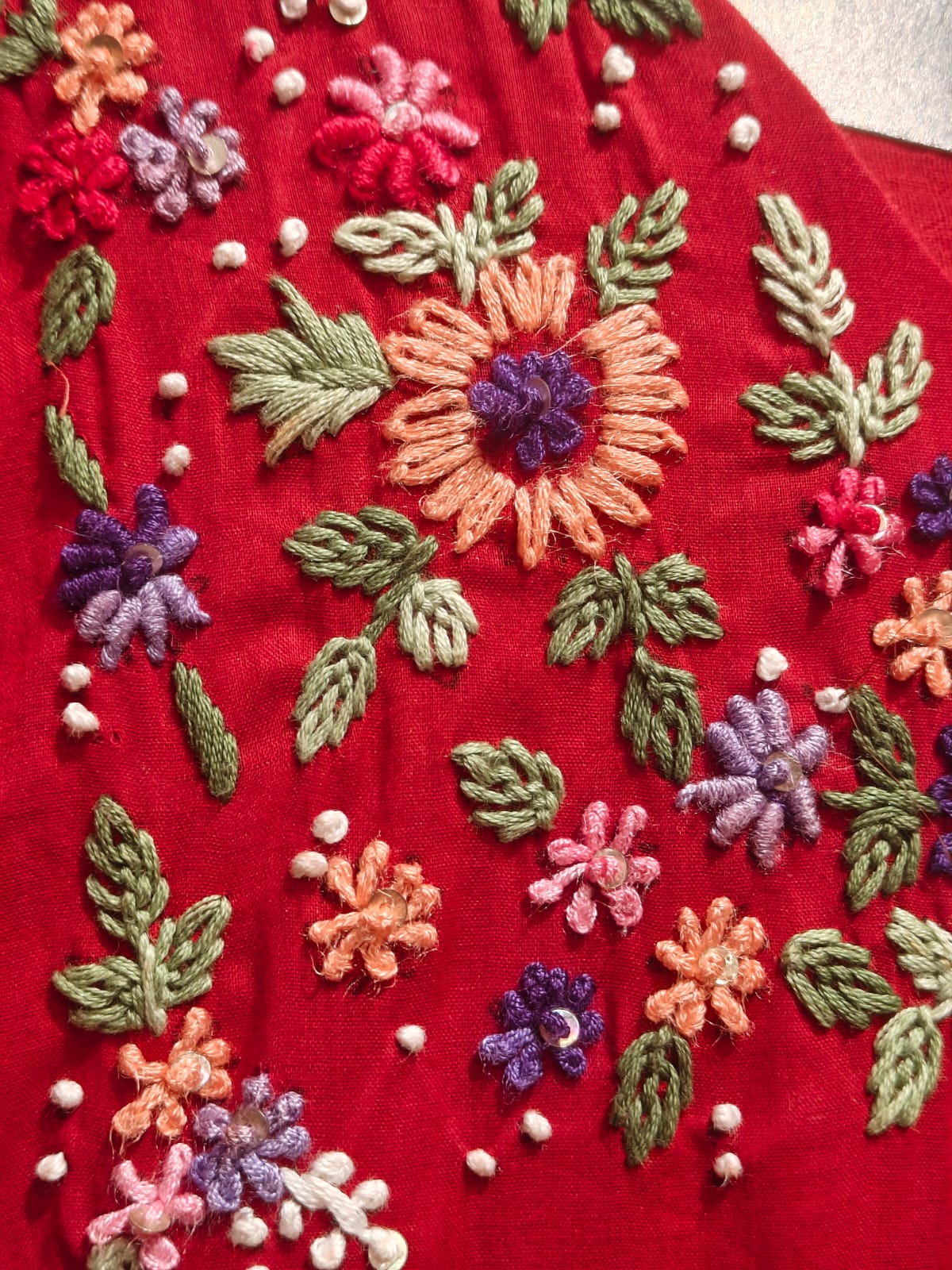 Red Cotton Hand Embroidery Straight Fit Kurtha 212