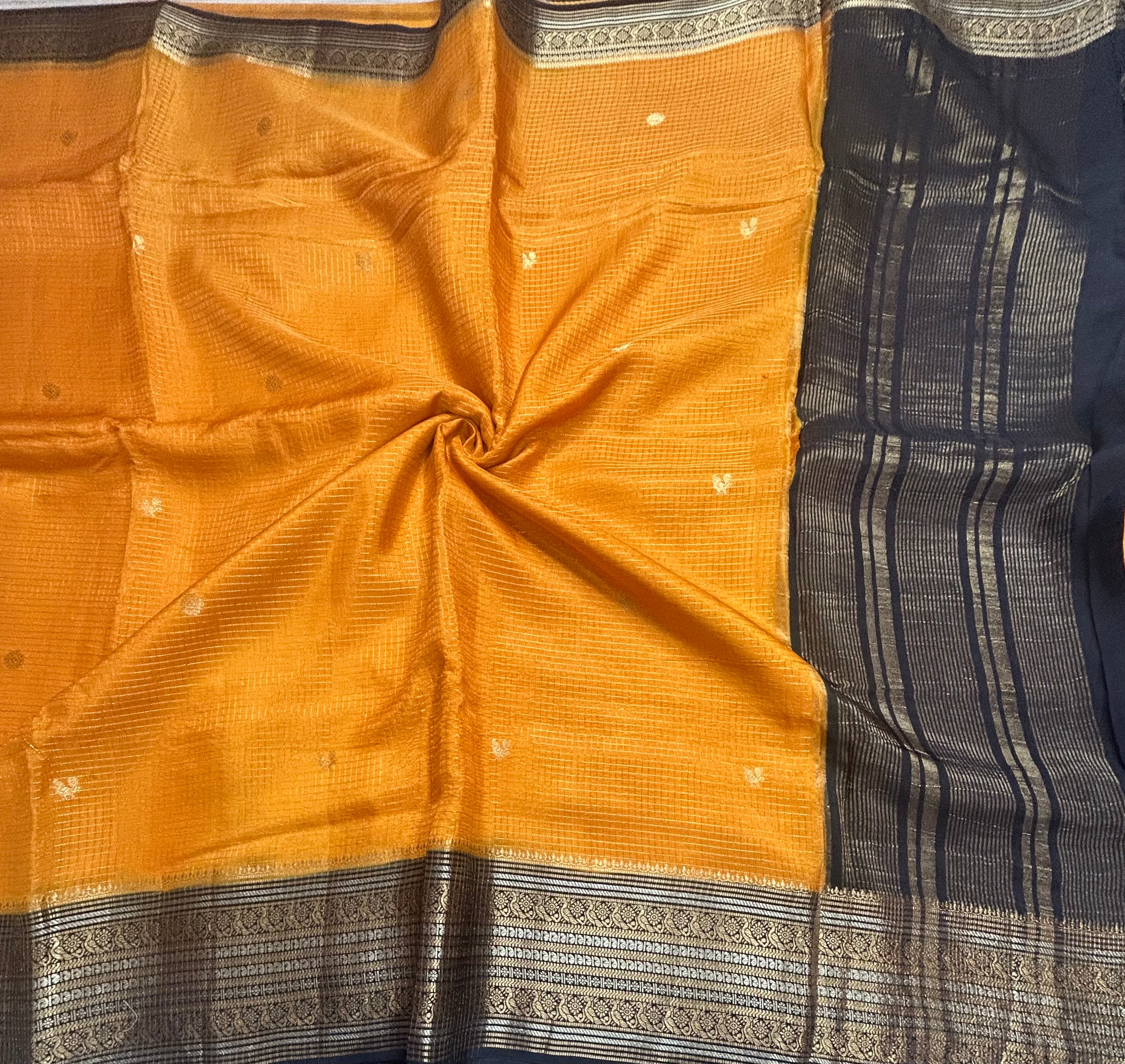 Yellow small checks contrast semi Mysore crepe 105 saree