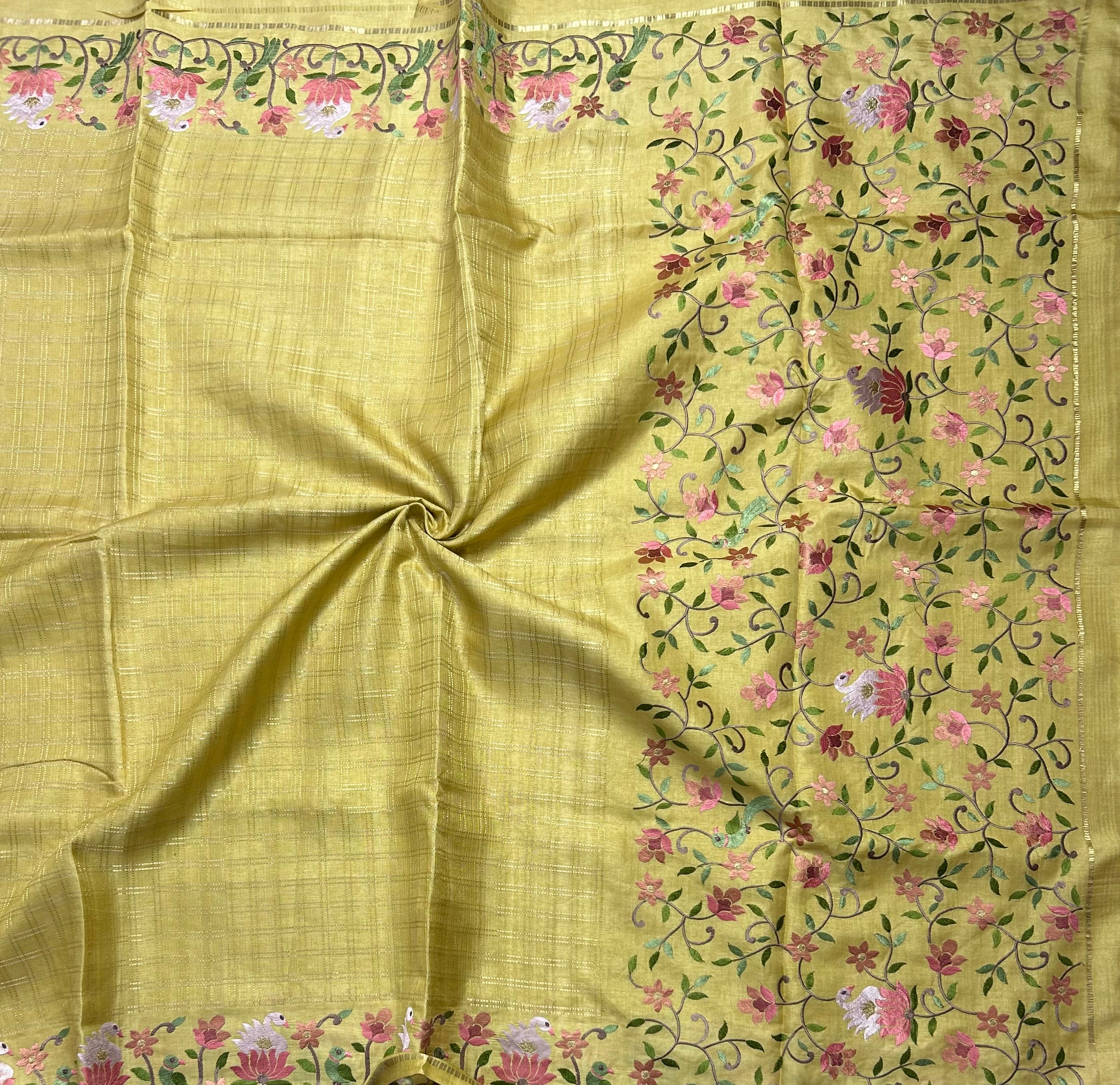 Pastel yellow checks embroidery border semi Tussar 105 saree