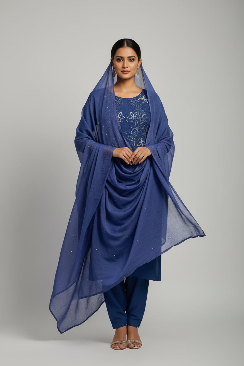 Blue Mul Chanderi Hand Embroidery Work Straight Fit Kurtha 483