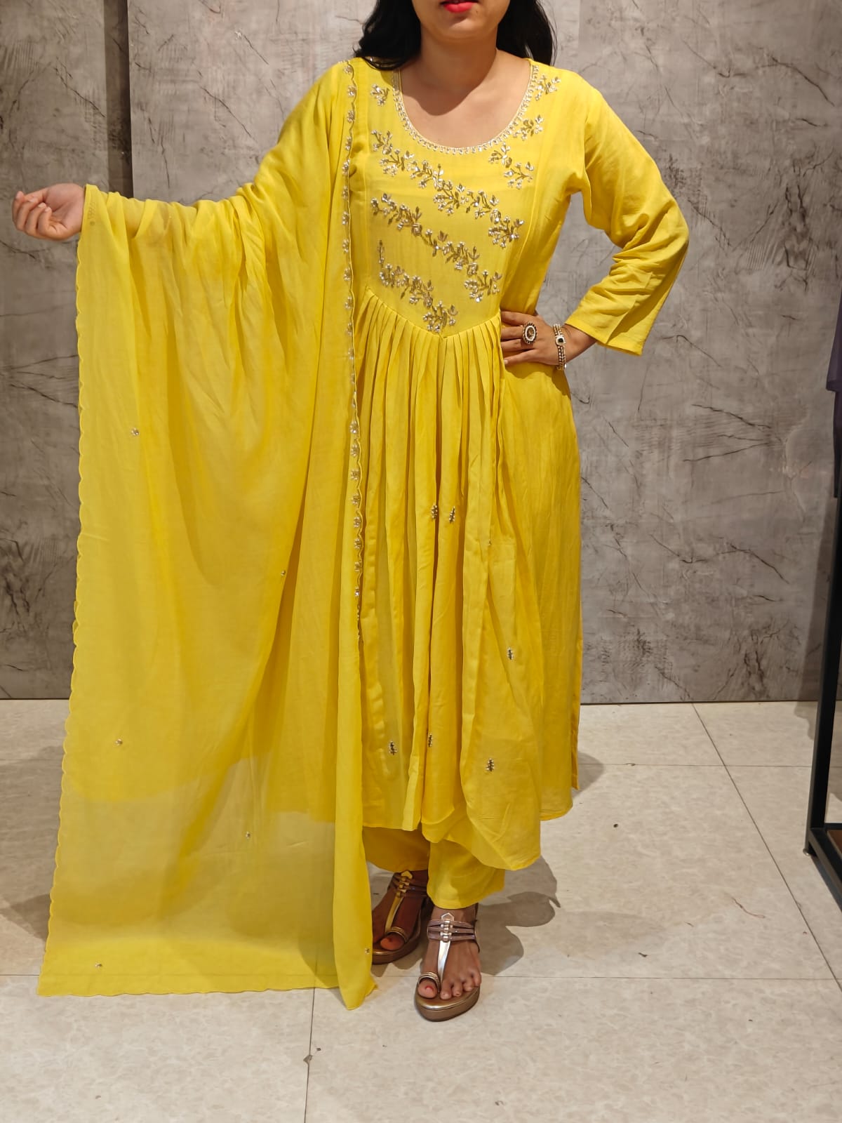 Yellow Mul Chanderi hand embroidery Airline Kurtha 623