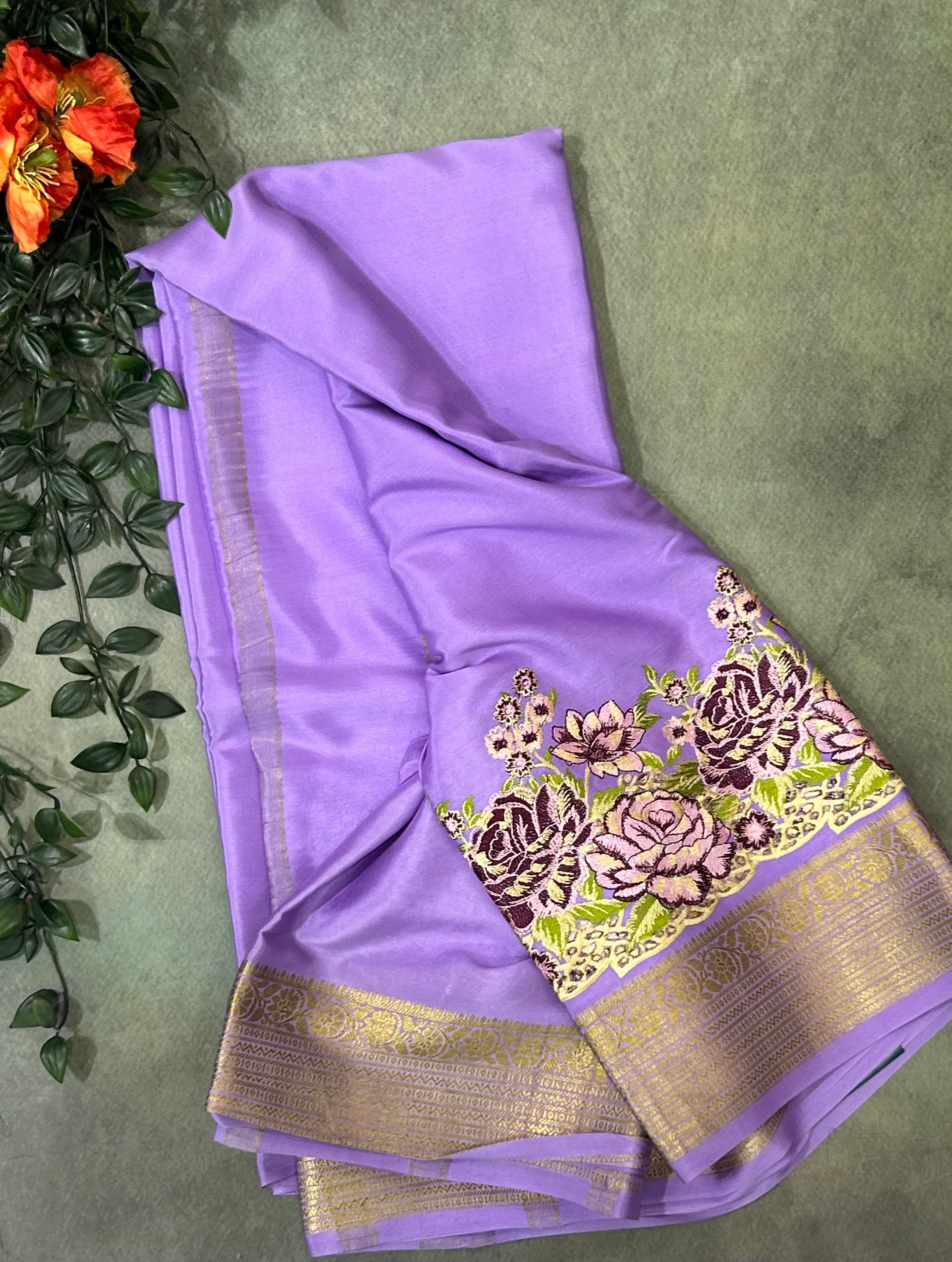 Lilac embroidery pure Mysore crepe silk saree