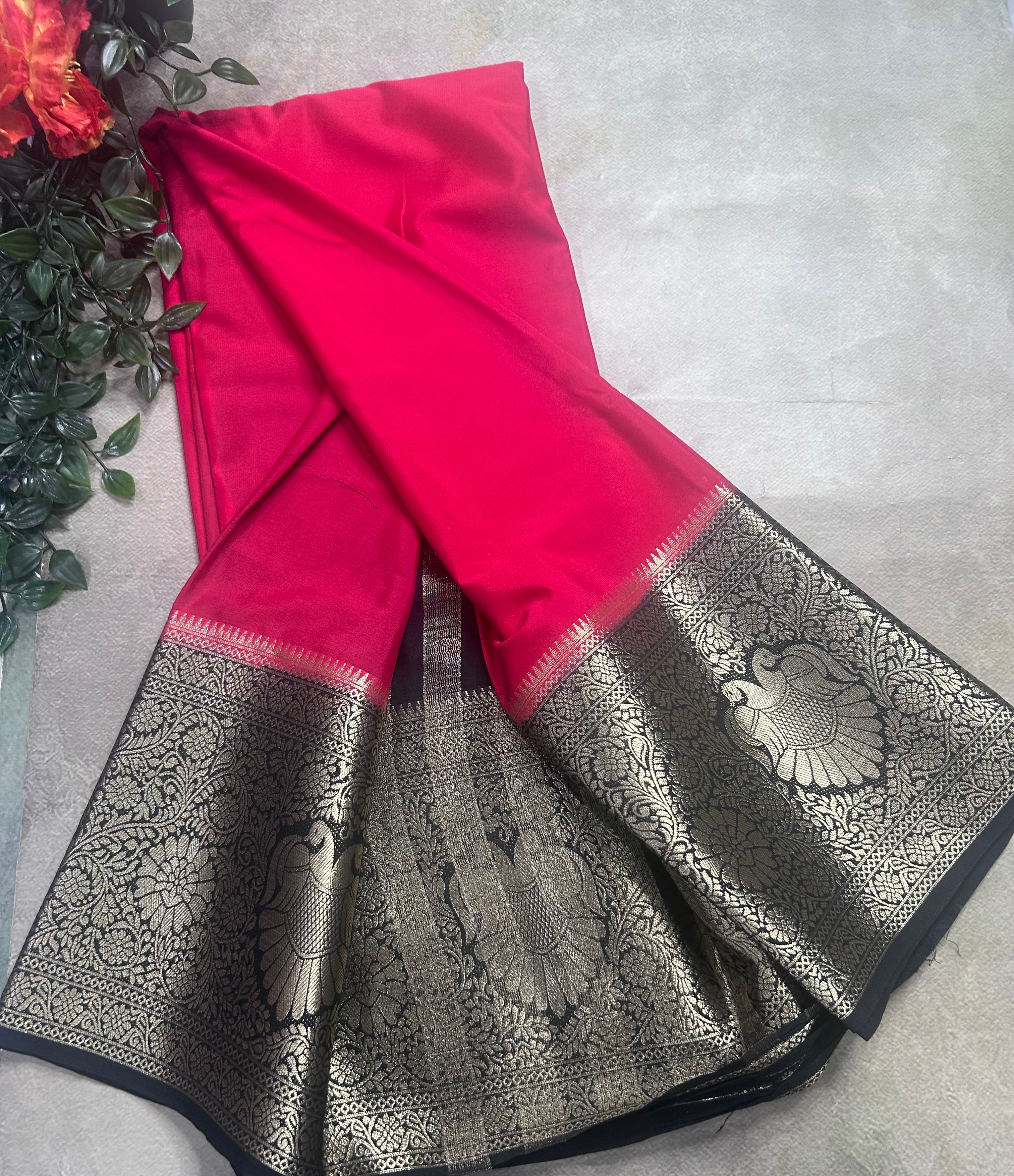 Red contrast long border soft semi Mysore crepe 106 saree