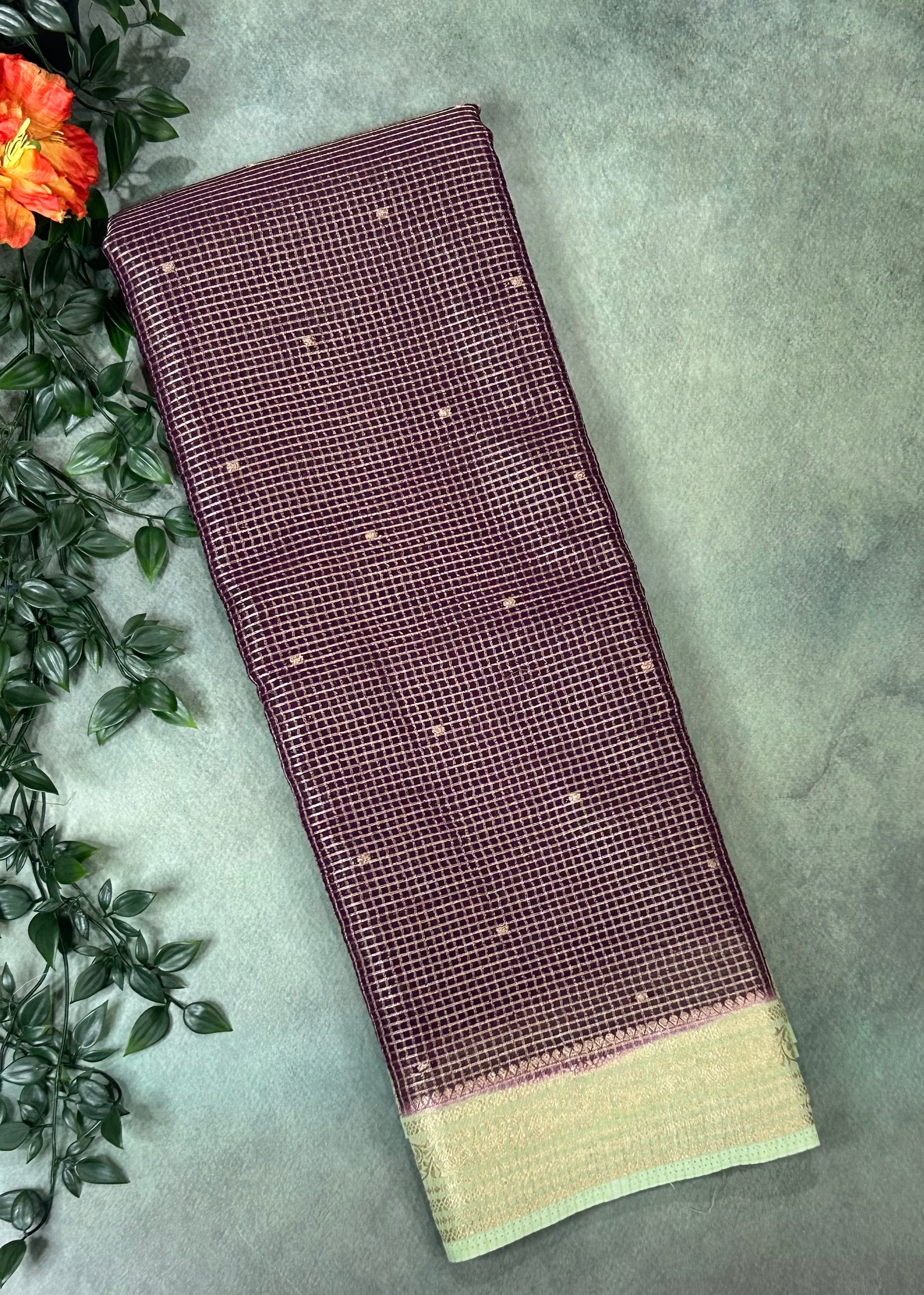 Wine small checks semi mysore crepe-12 saree