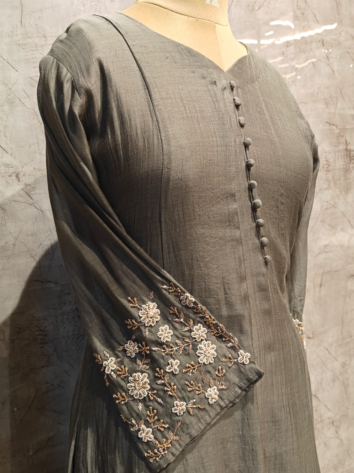 Gray Mul Chanderi Hand Embroidery A Line Kurtha 686