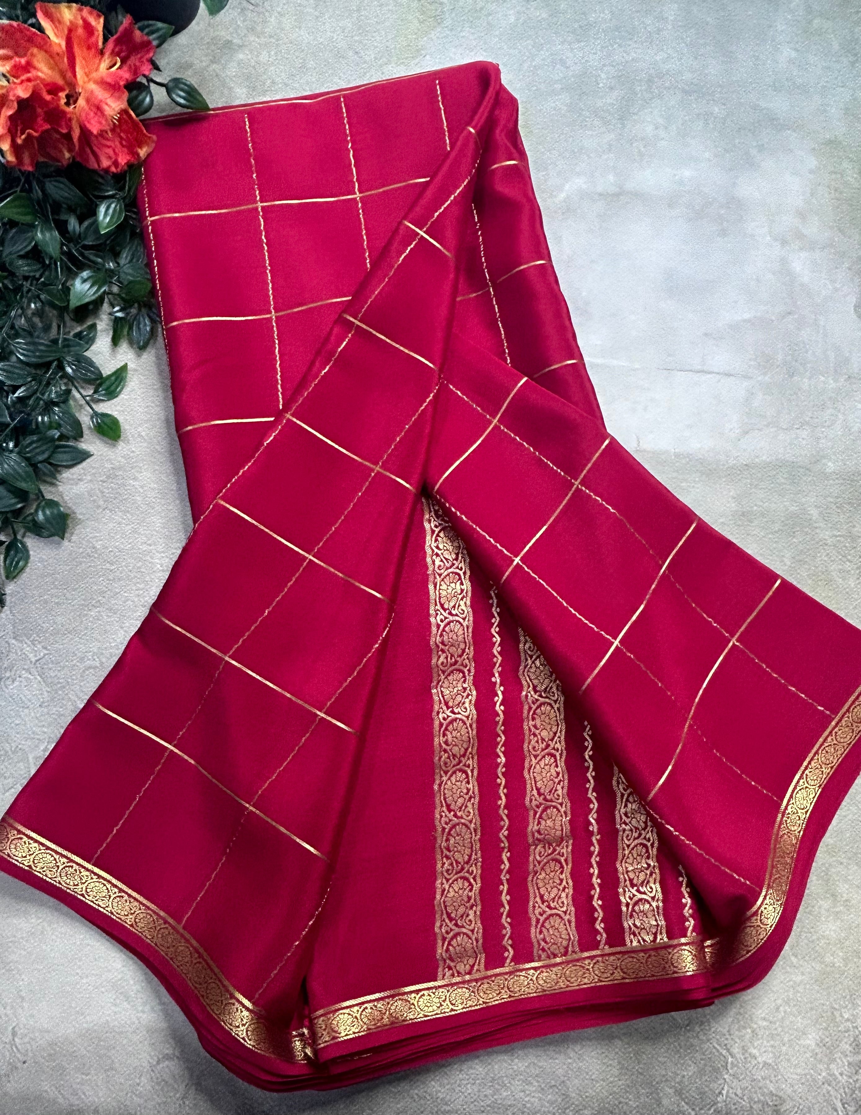 Red big checks pure Mysore silk 106 saree