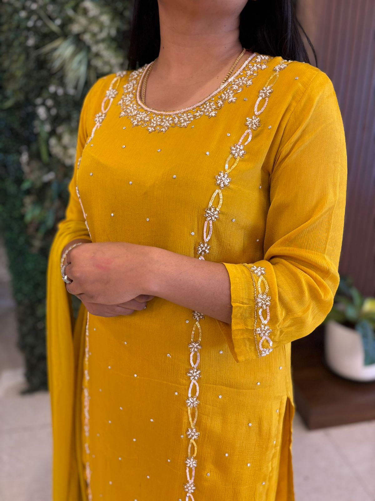 Yellow Designer Handwork Sharara party Kurtha set