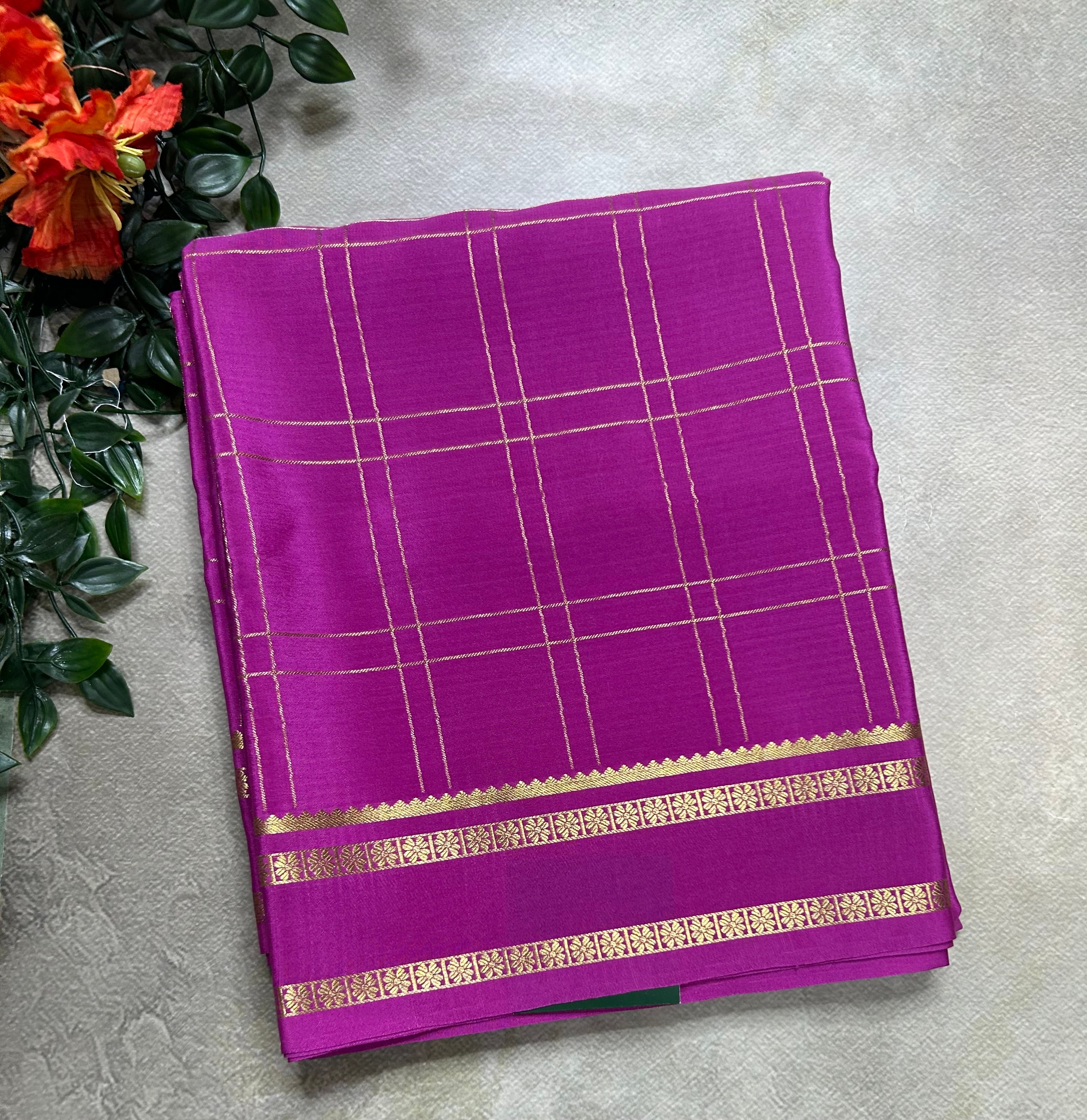 Light pink big checks n Bentex border pure Mysore silk 106 saree
