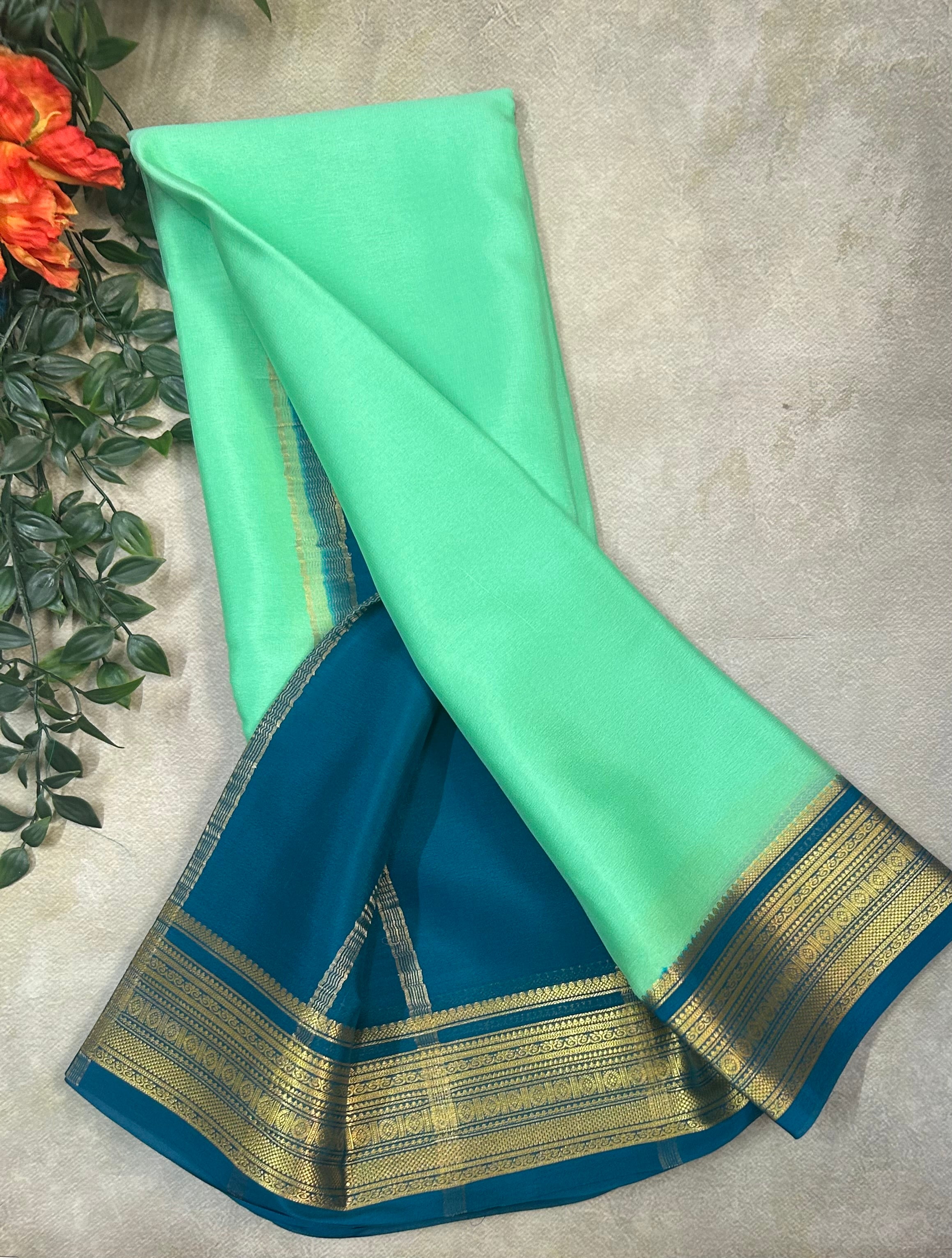 Pastel green n peacock blue  pure Mysore silk saree