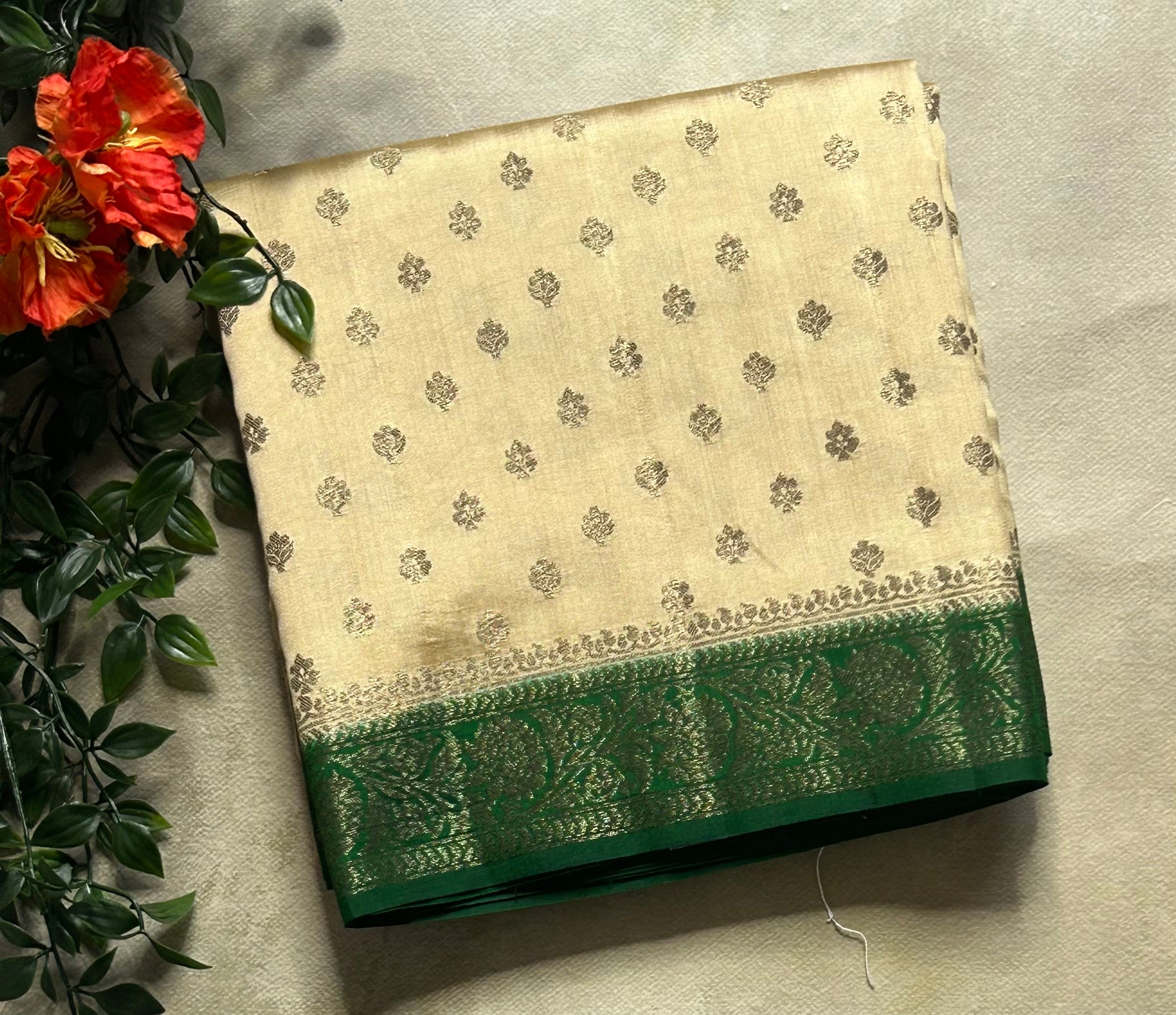 Golden beige n green small Butta pure chiniya 103 saree