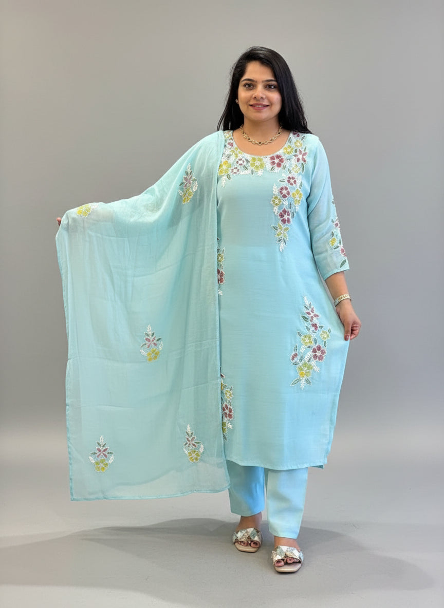 Blue Mul Chanderi Hand Embroidery Straight Fit Kurtha 688