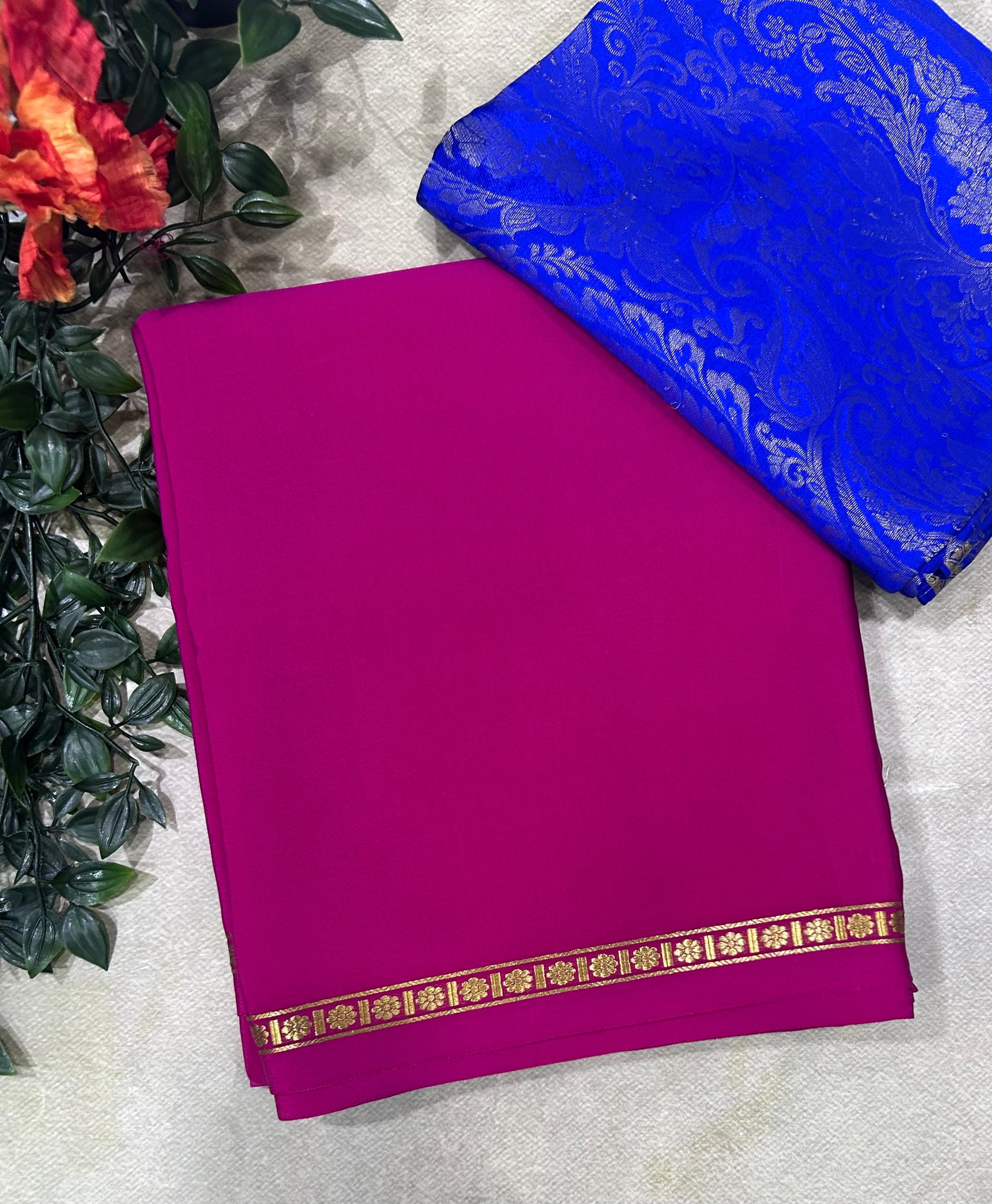 Rani pink plain pure mysore crepe silk saree with Mysore brocade blouse piece(MSM106)