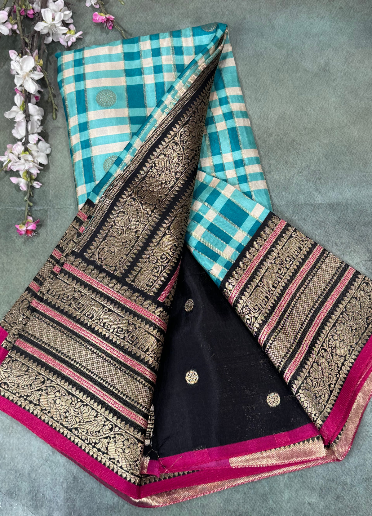 Pastel blue Checks Semi Crepe Saree 110