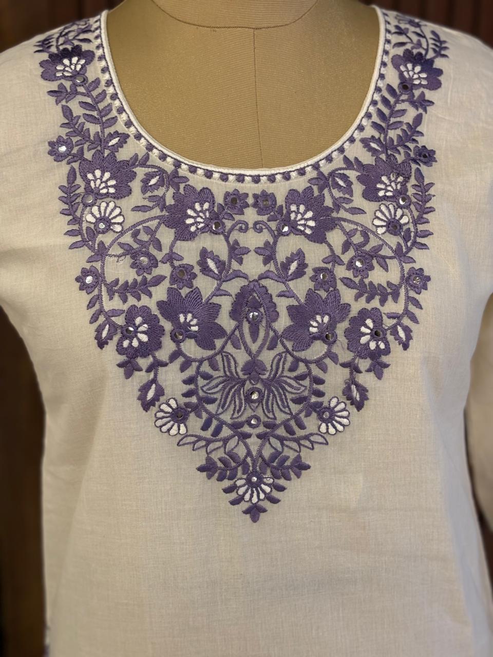 White Cotton Thread Embroidery Work Straight Fit Kurtha 482