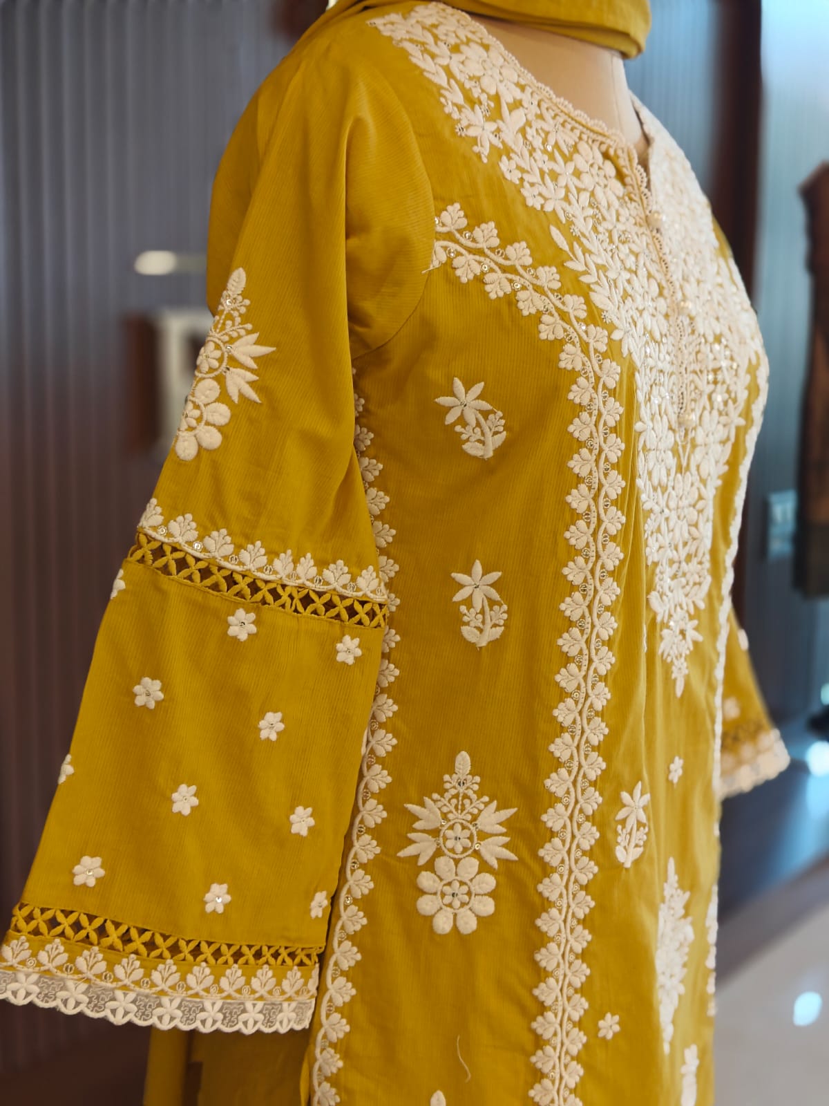 Yellow Mul Cotton  Chikankari Work Straight Fit Kurtha 196