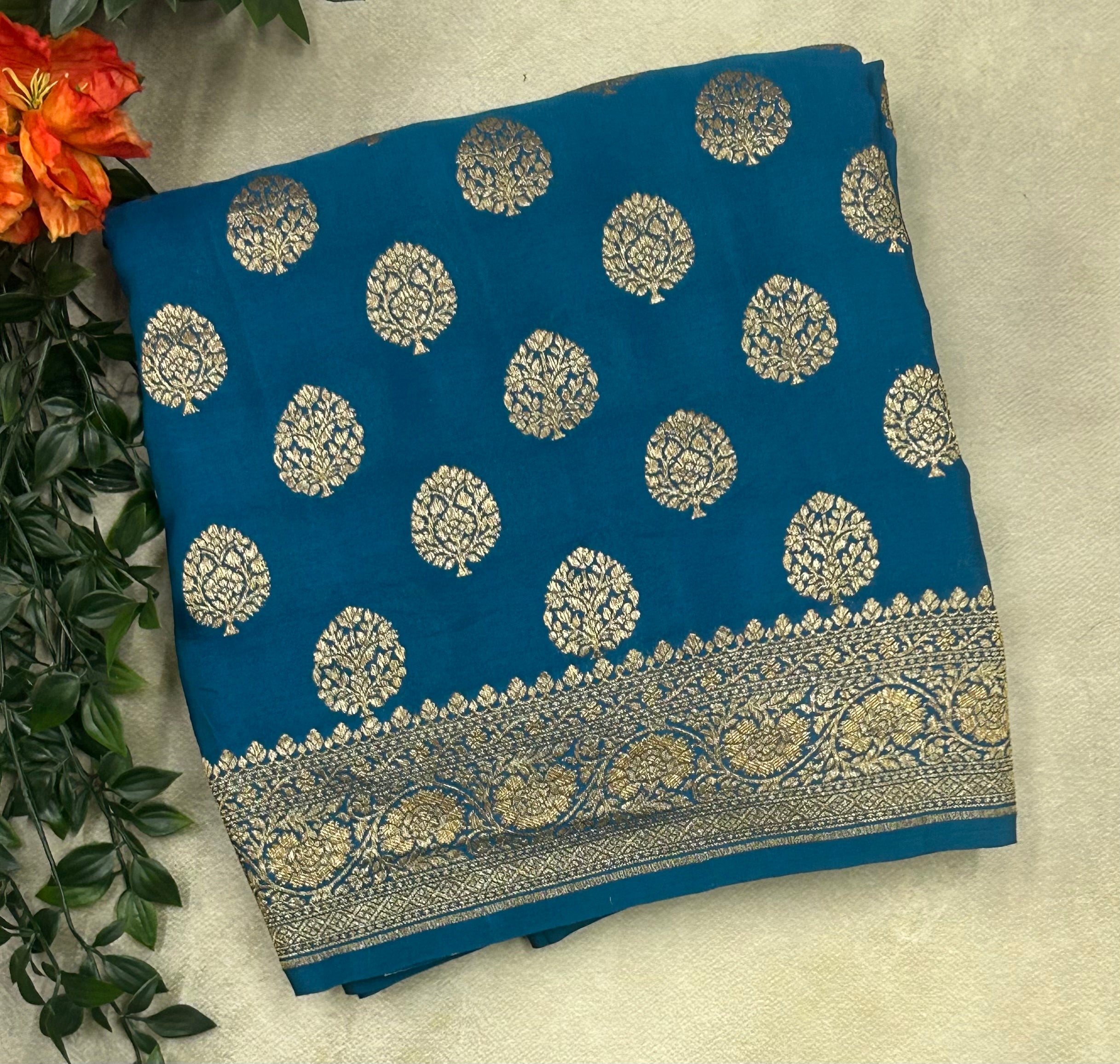 Rama green small n big butta pure benarasi crepe 103 saree