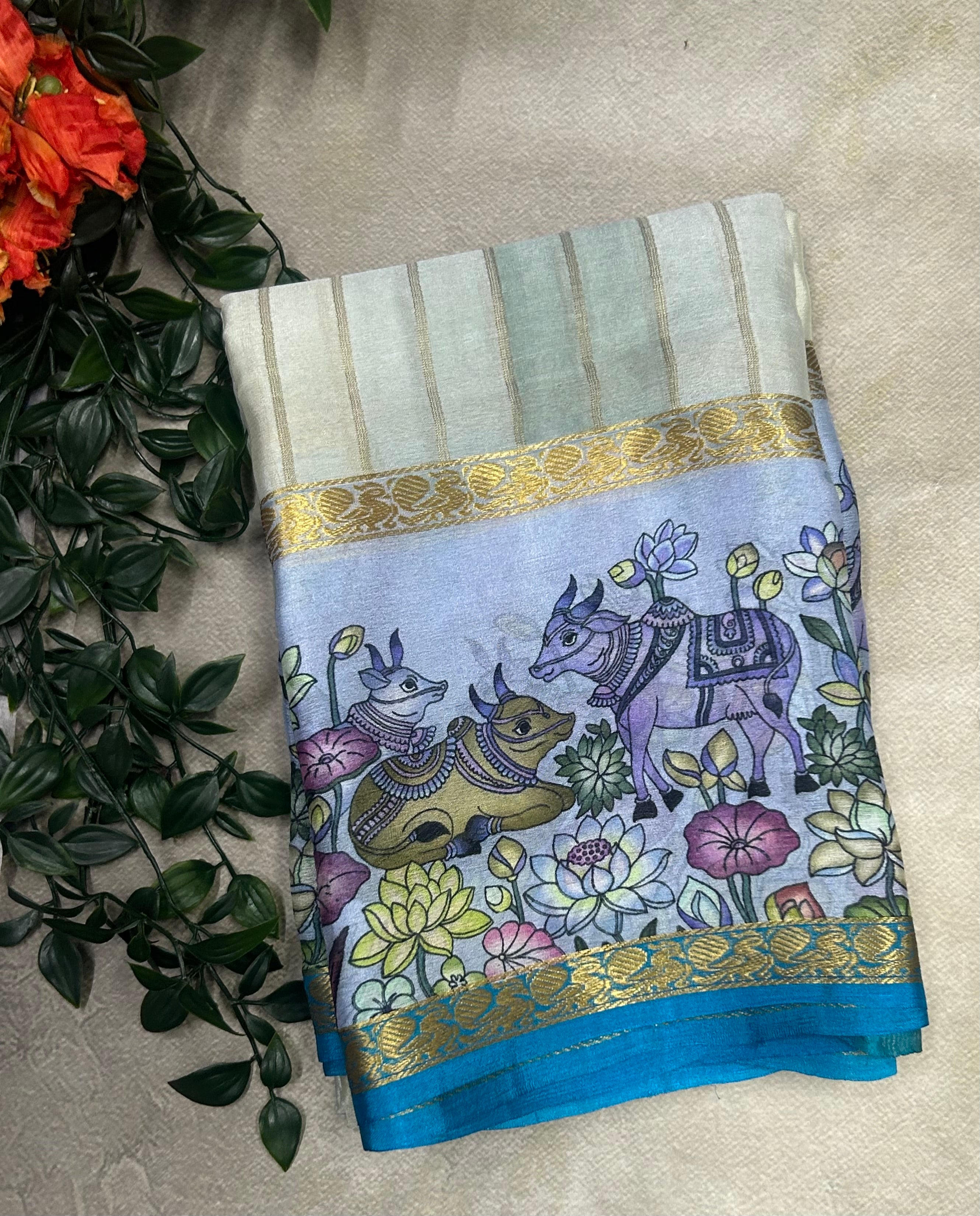 Rankart kalamkari border pure wrinkle 103 crepe silk saree