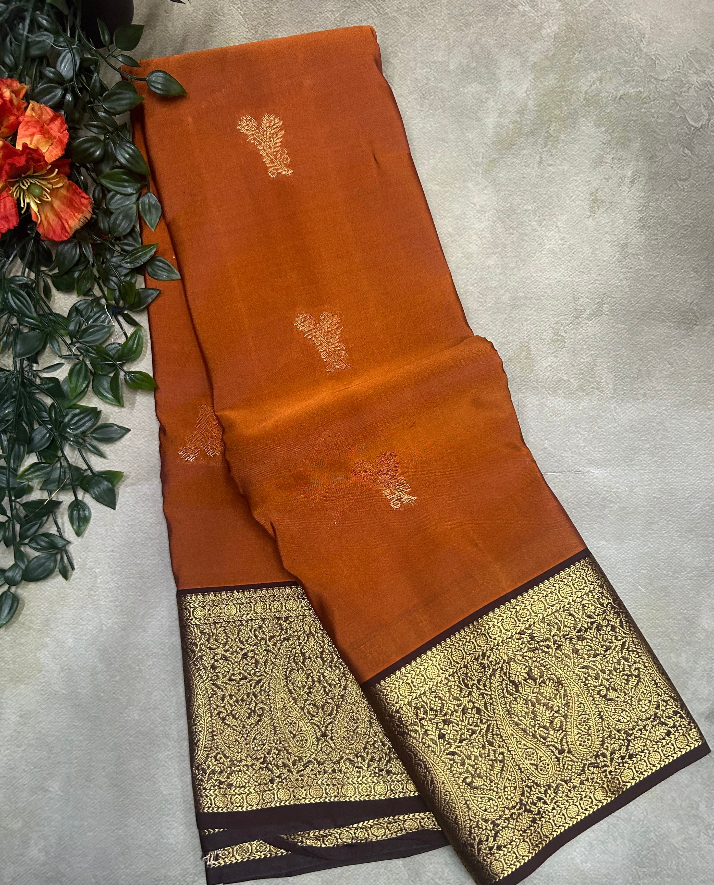 Rust orange small border semi Kanchi-105 saree