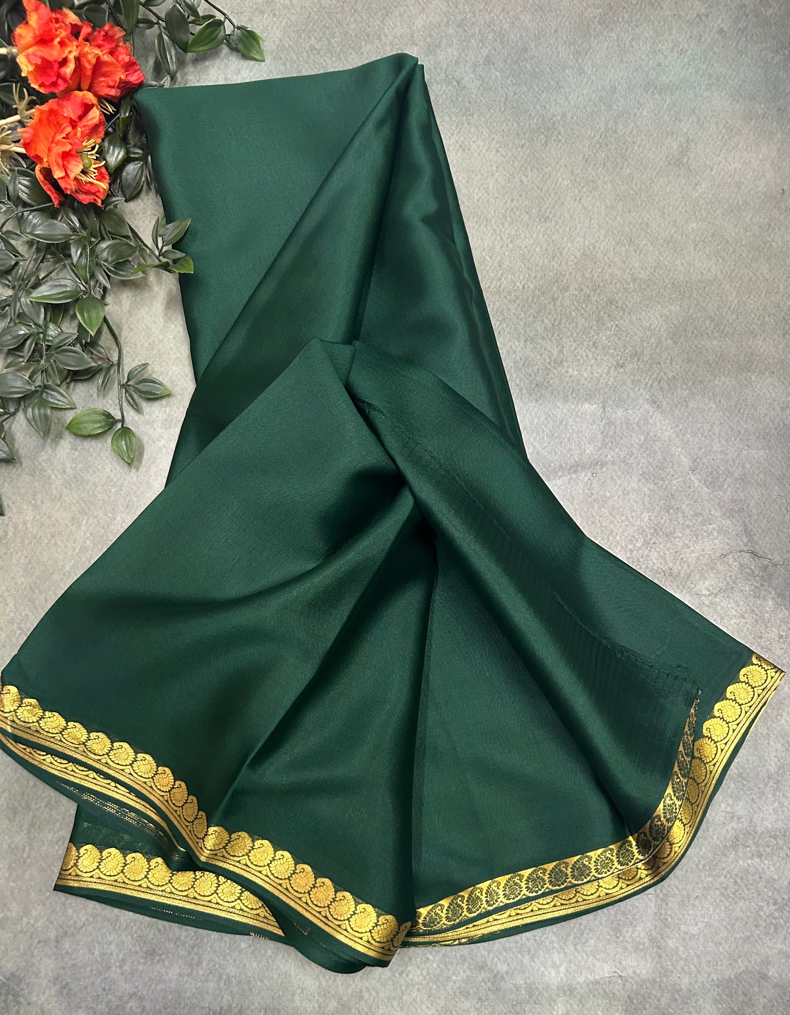 Bottle green pure Mysore crepe silk saree