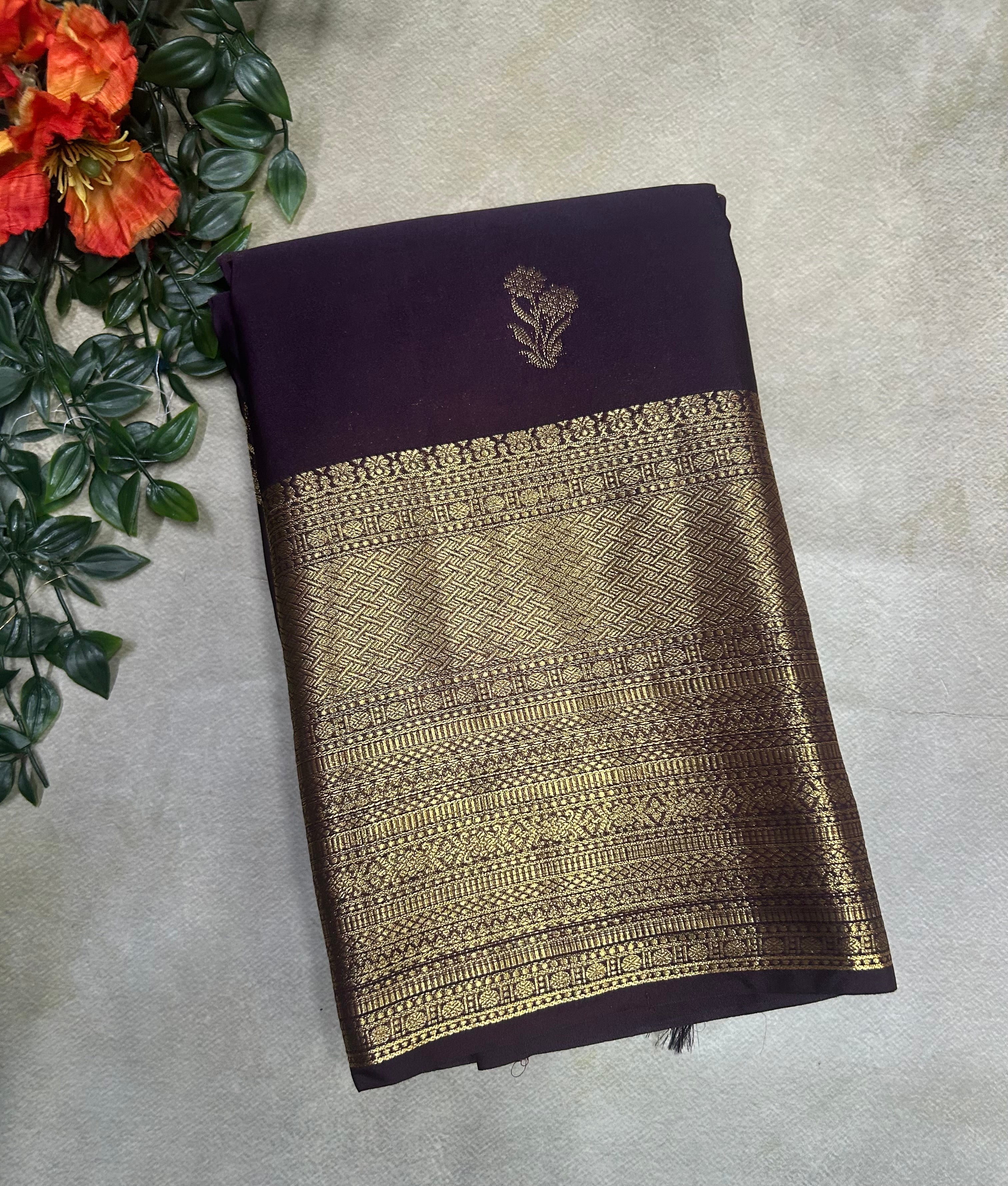 Dark wine long border semi Kanchi-105 saree