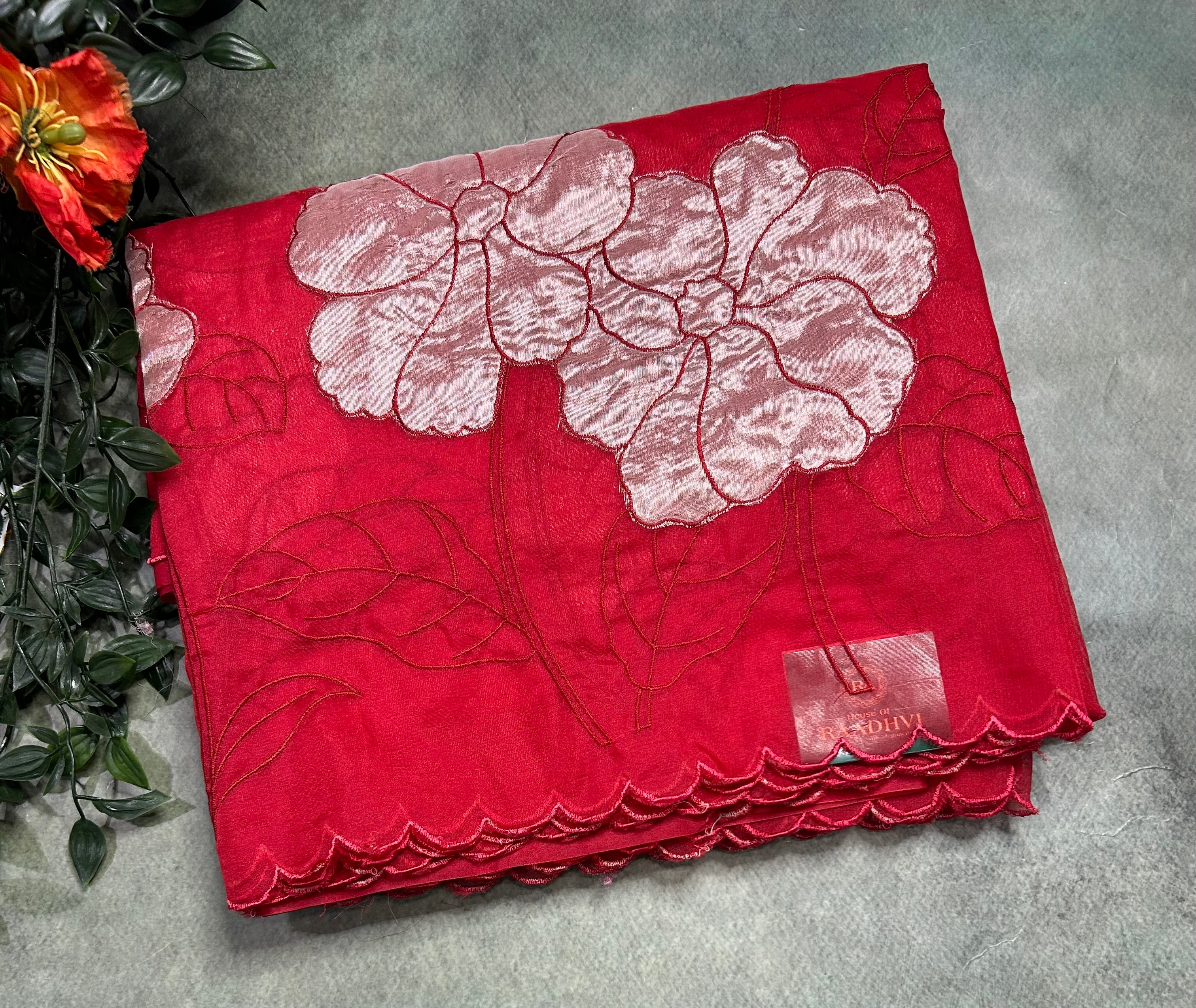 Red vicose organza appliqué scallop border 105 saree