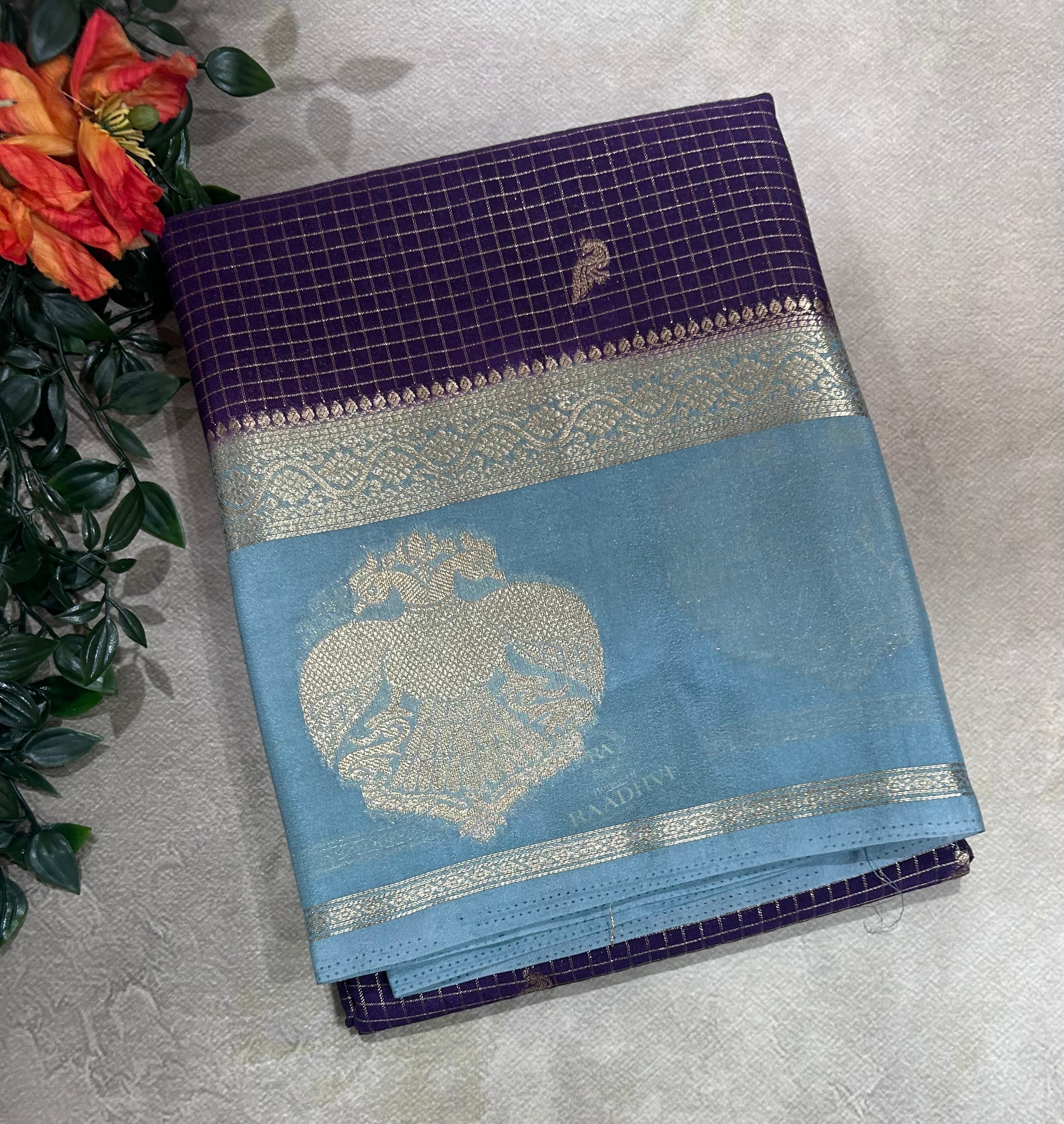 Dark purple gandaberunda border semi Mysore crepe 106 saree