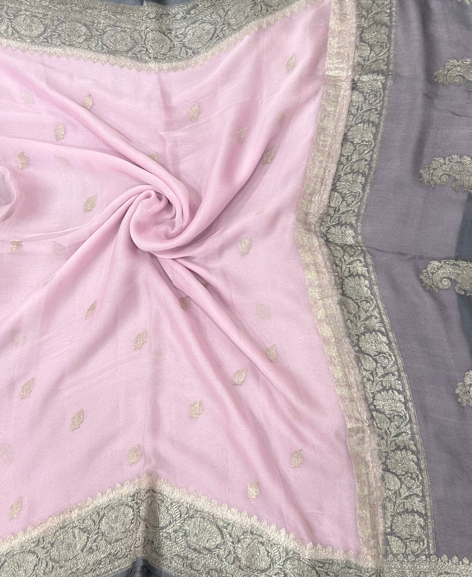 Baby pink n grey benaras pure khadi chiffon